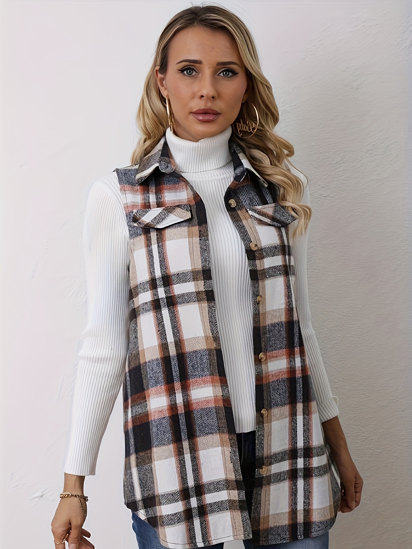 plaid pattern sleeveless vest casual button front vest womens clothing details 8