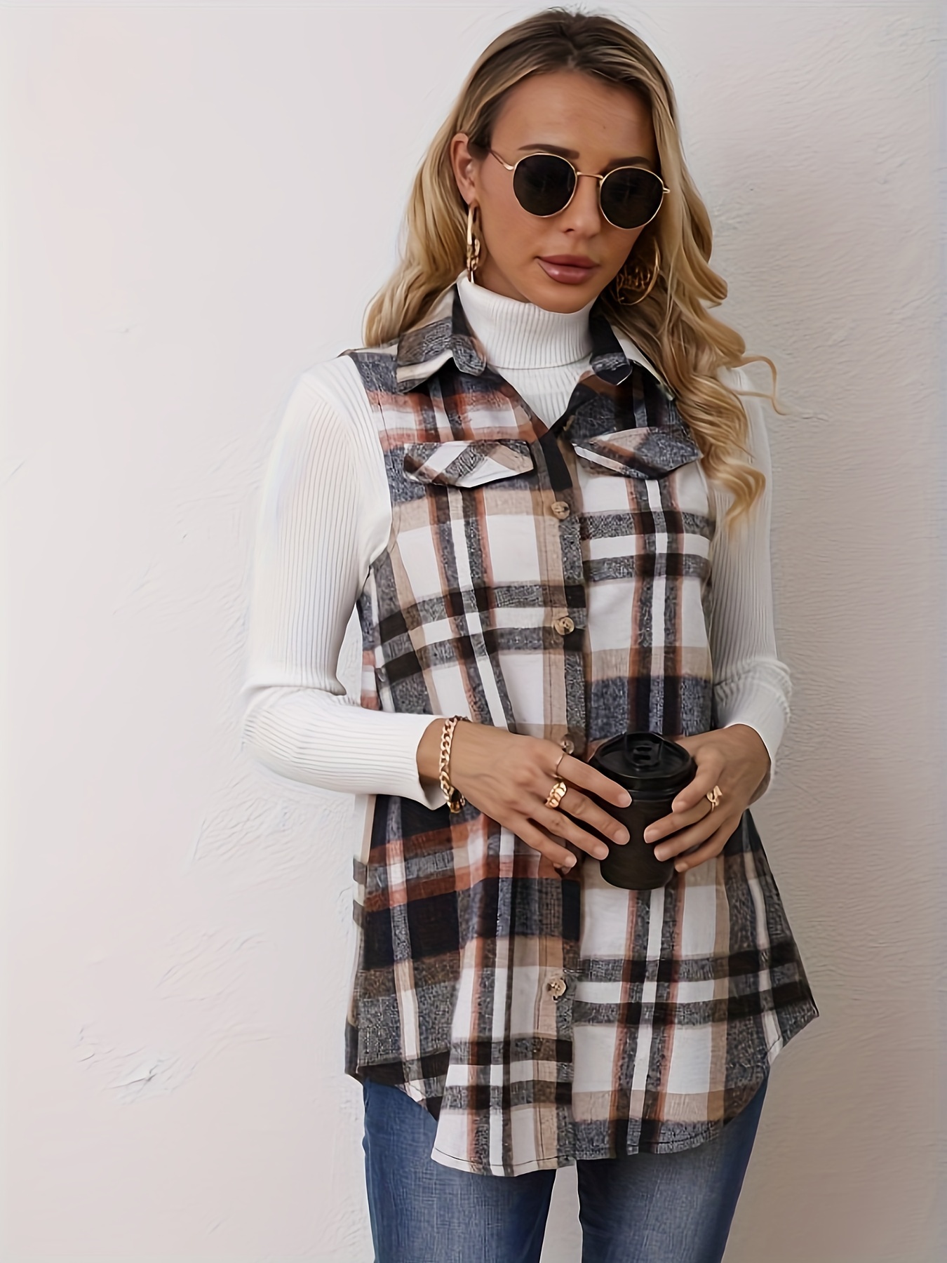 plaid pattern sleeveless vest casual button front vest womens clothing details 11