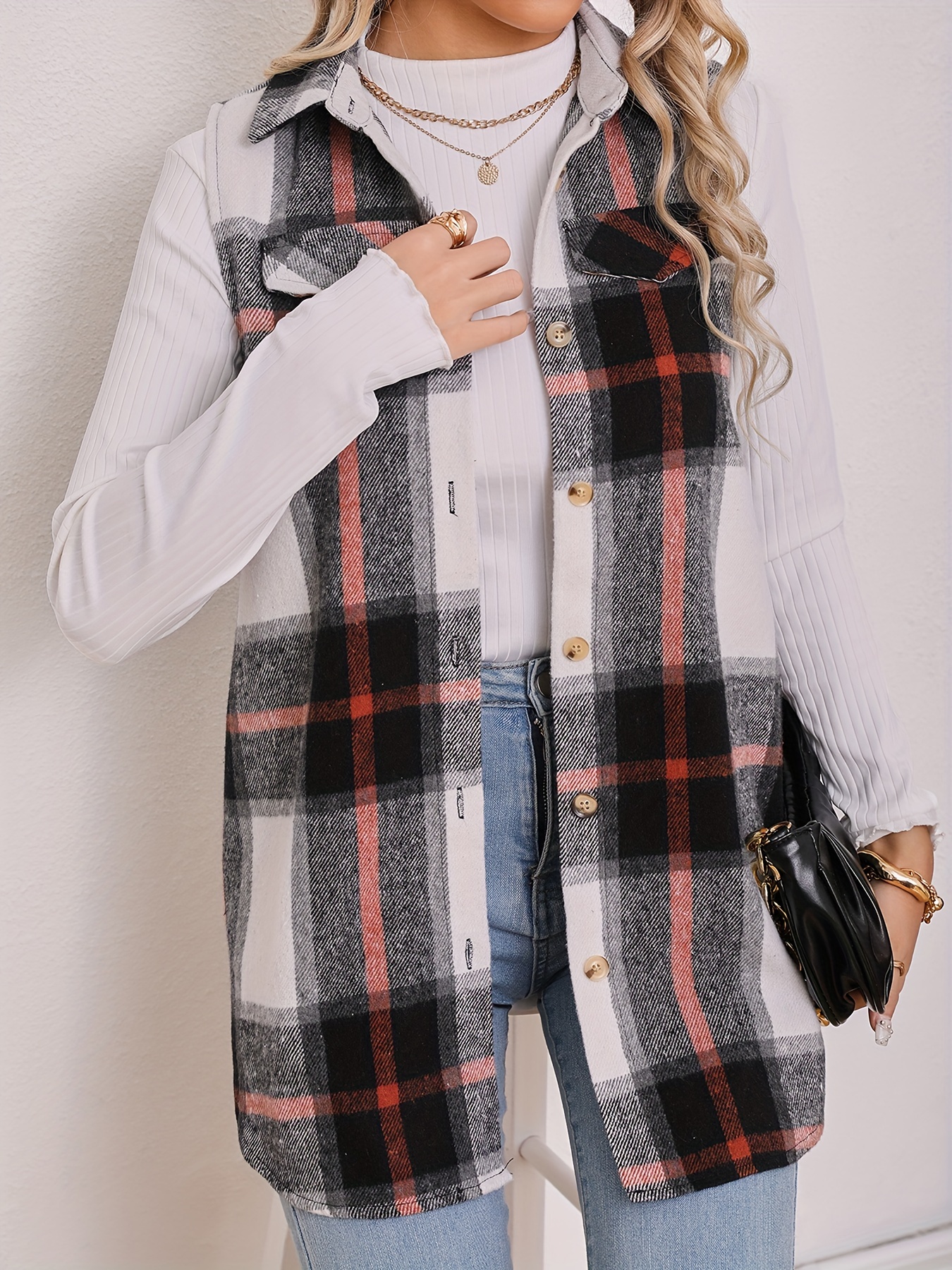 plaid pattern sleeveless vest casual button front vest womens clothing details 12