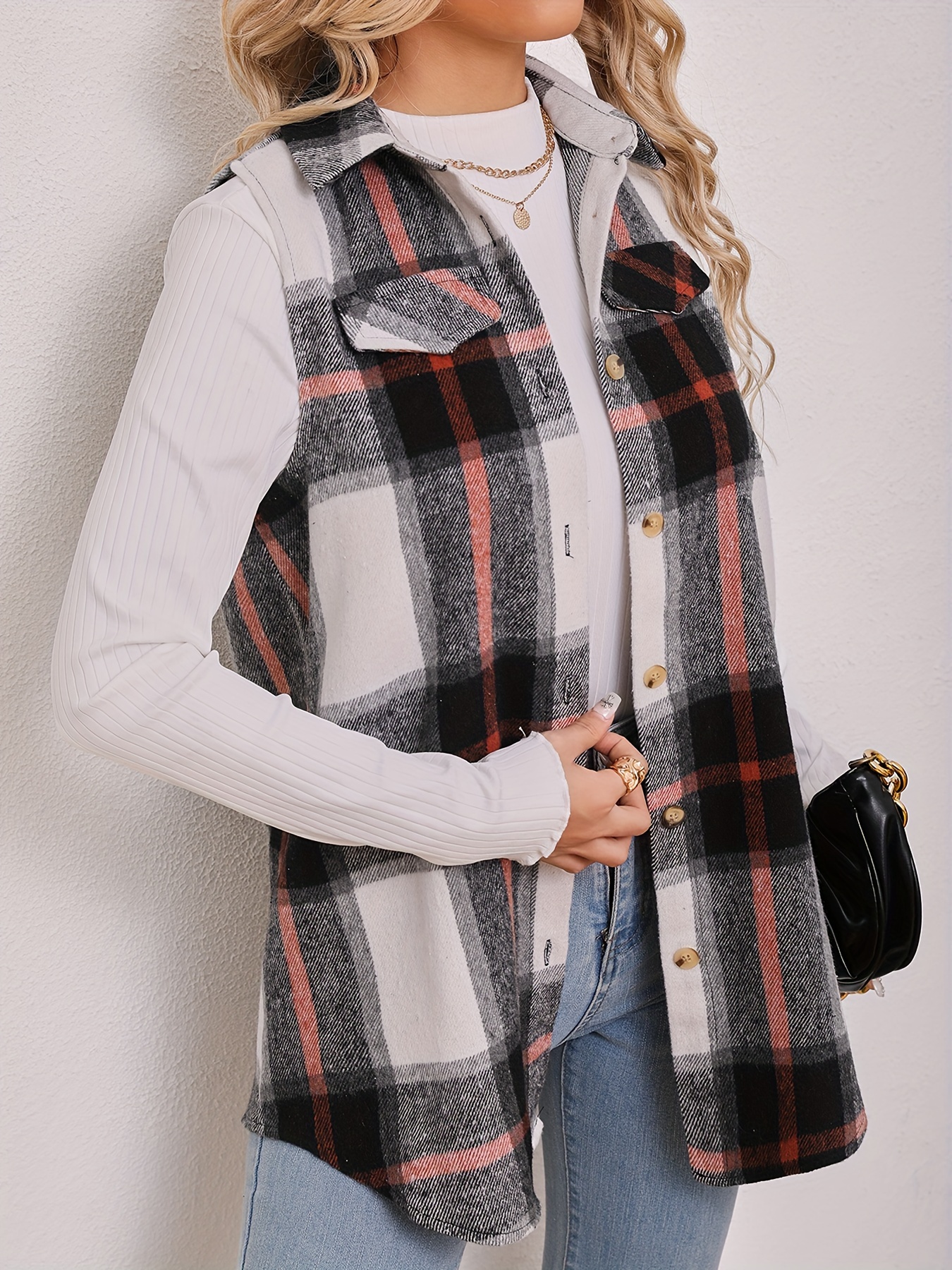 plaid pattern sleeveless vest casual button front vest womens clothing details 15