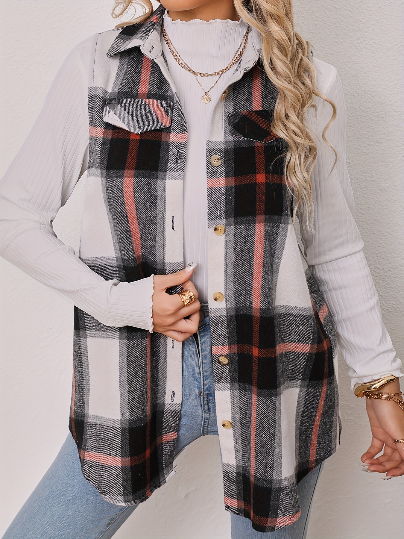 plaid pattern sleeveless vest casual button front vest womens clothing details 16