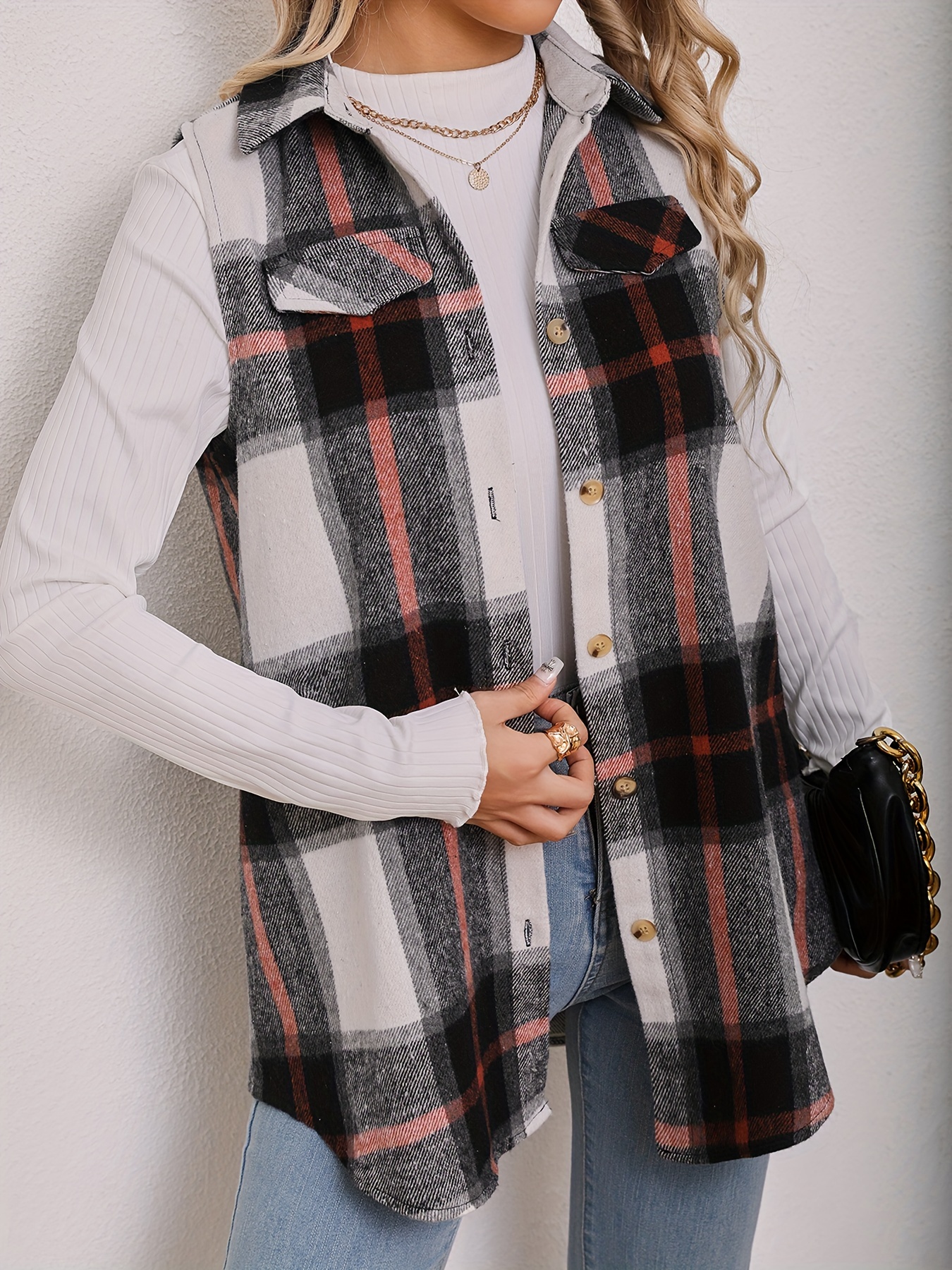 plaid pattern sleeveless vest casual button front vest womens clothing details 17