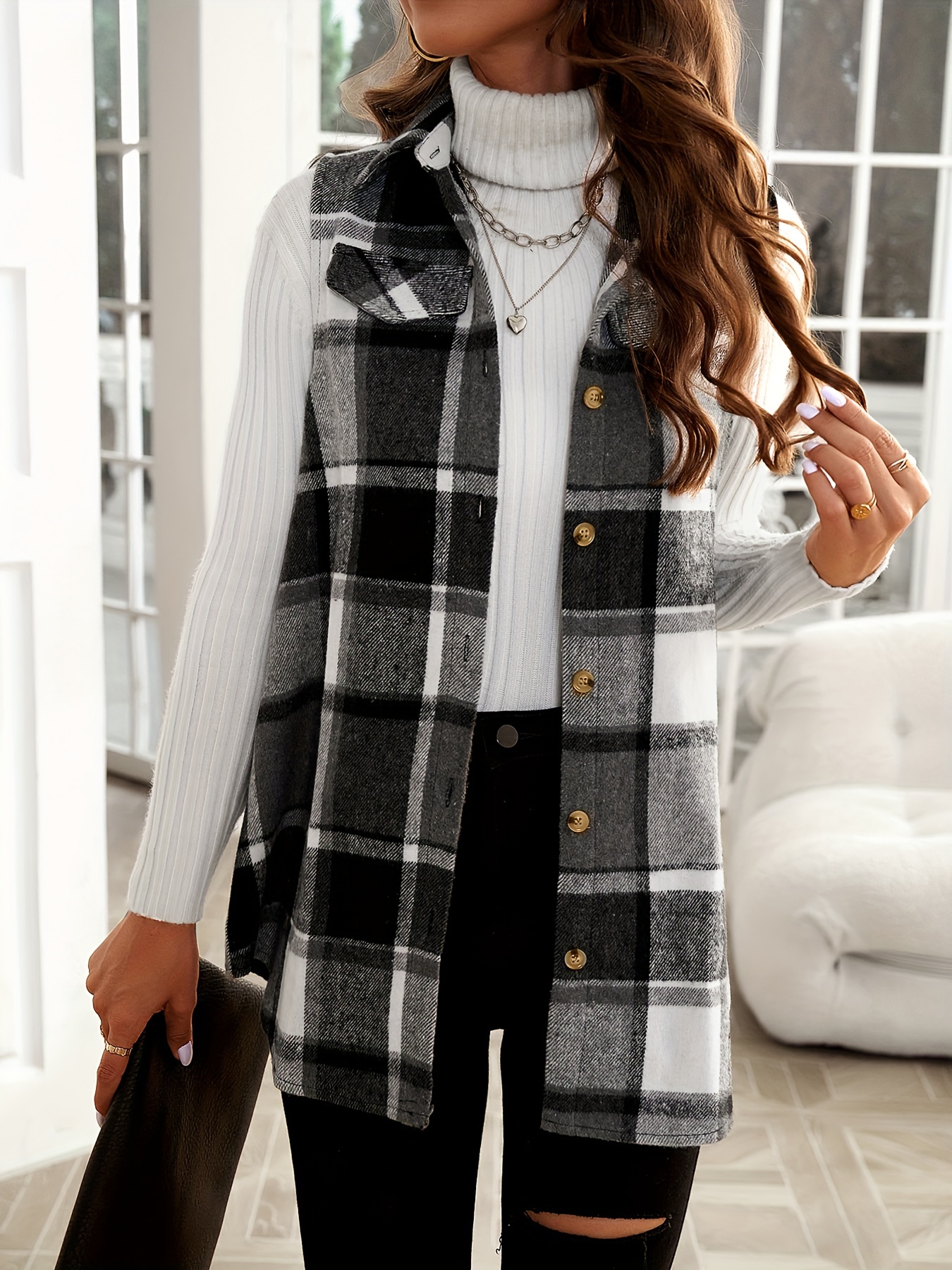 plaid pattern sleeveless vest casual button front vest womens clothing details 18