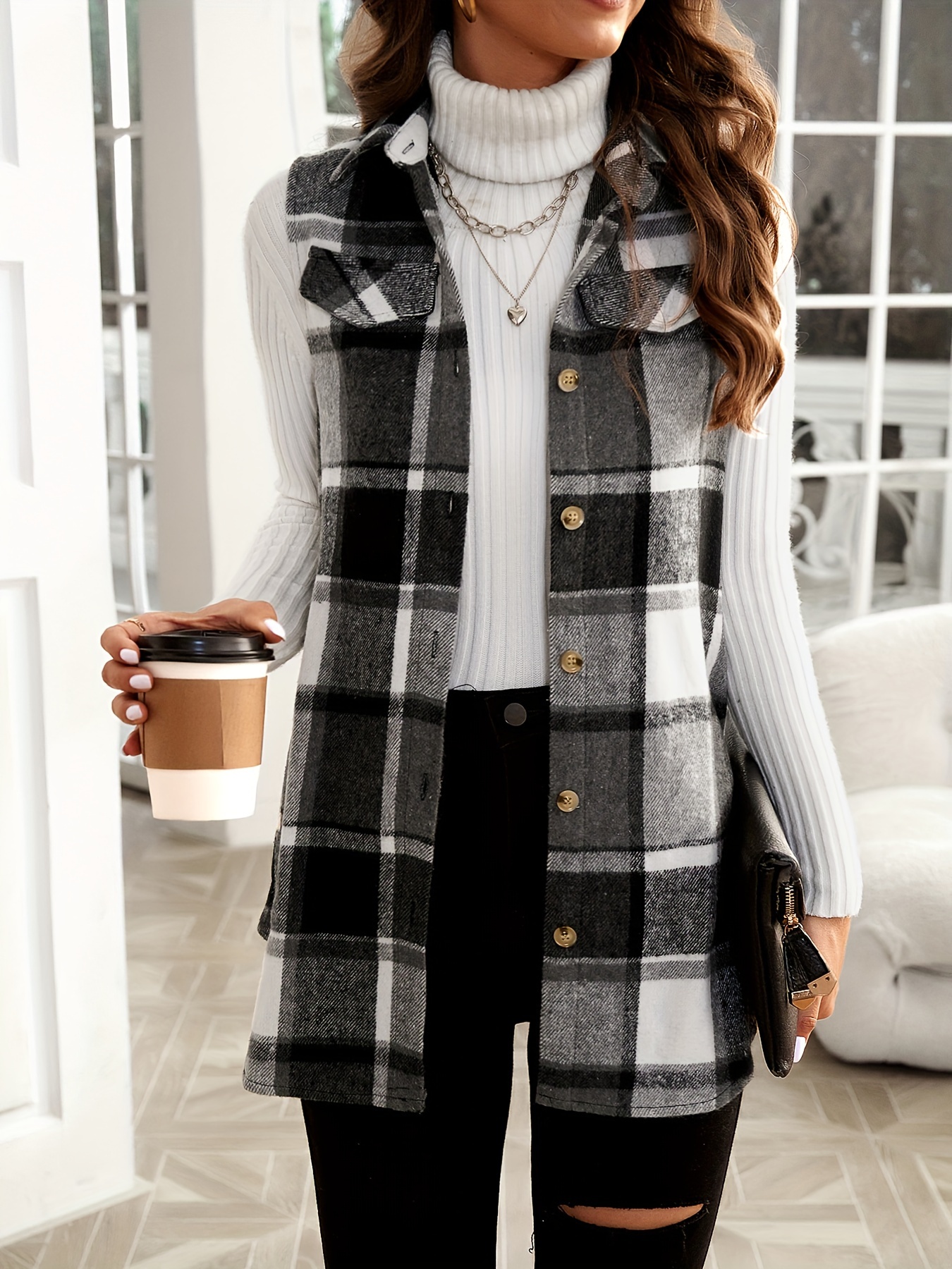 plaid pattern sleeveless vest casual button front vest womens clothing details 21