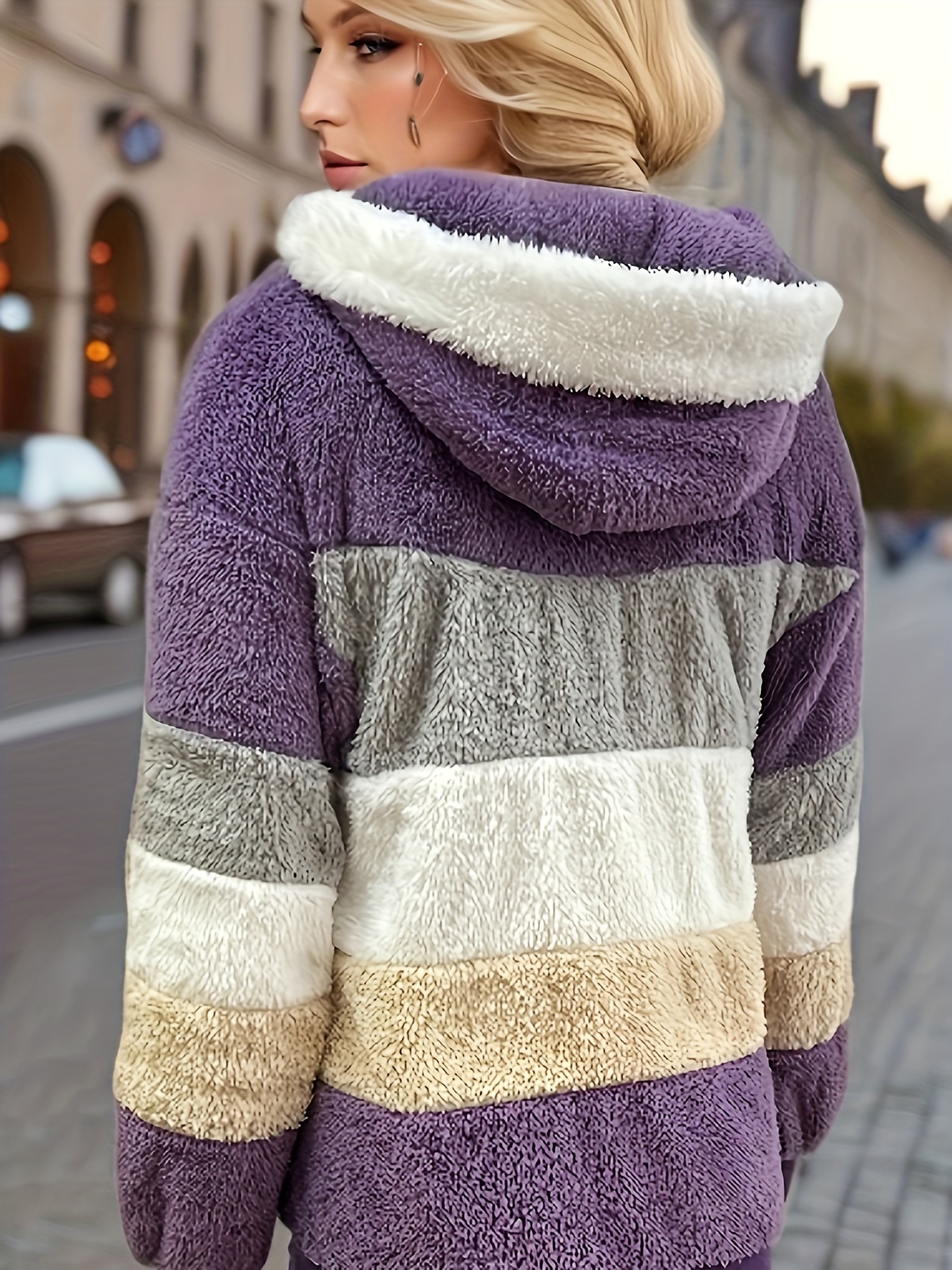 color block fuzzy hooded coat casual long sleeve winter warm outerwear womens clothing details 31