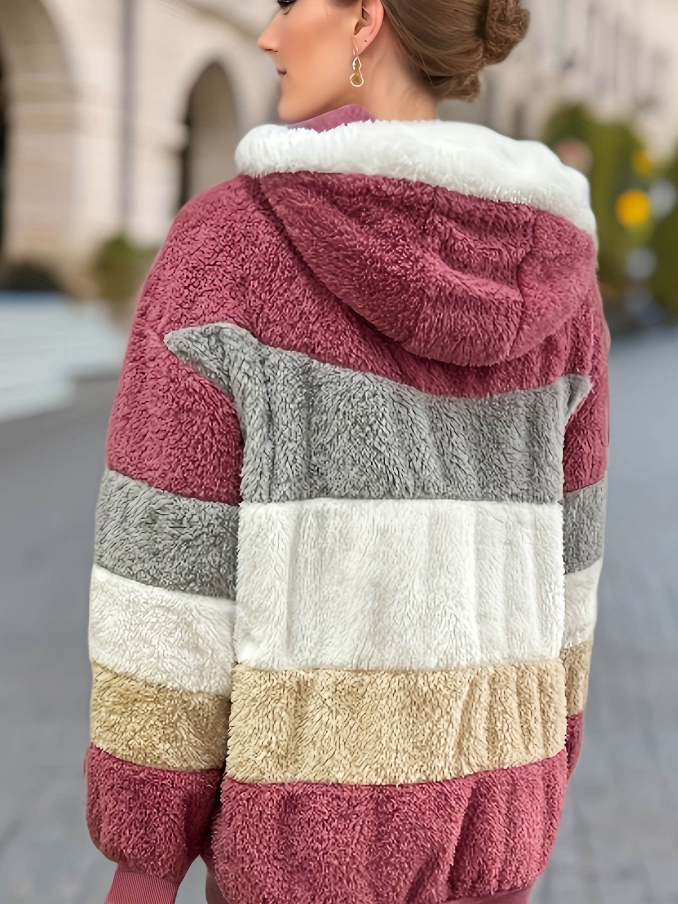 color block fuzzy hooded coat casual long sleeve winter warm outerwear womens clothing details 42