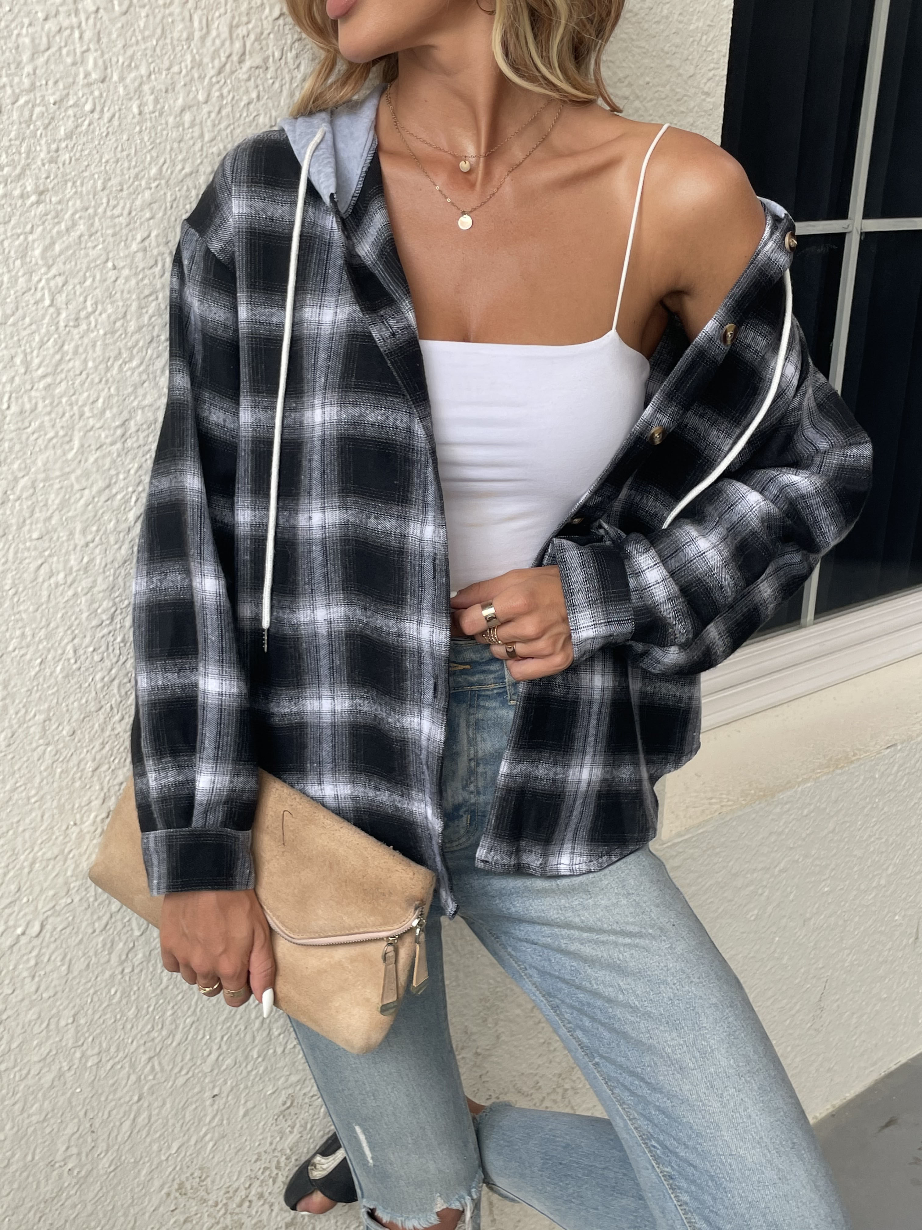 plaid print hooded jacket casual drawstring long sleeve button front outerwear womens clothing details 6