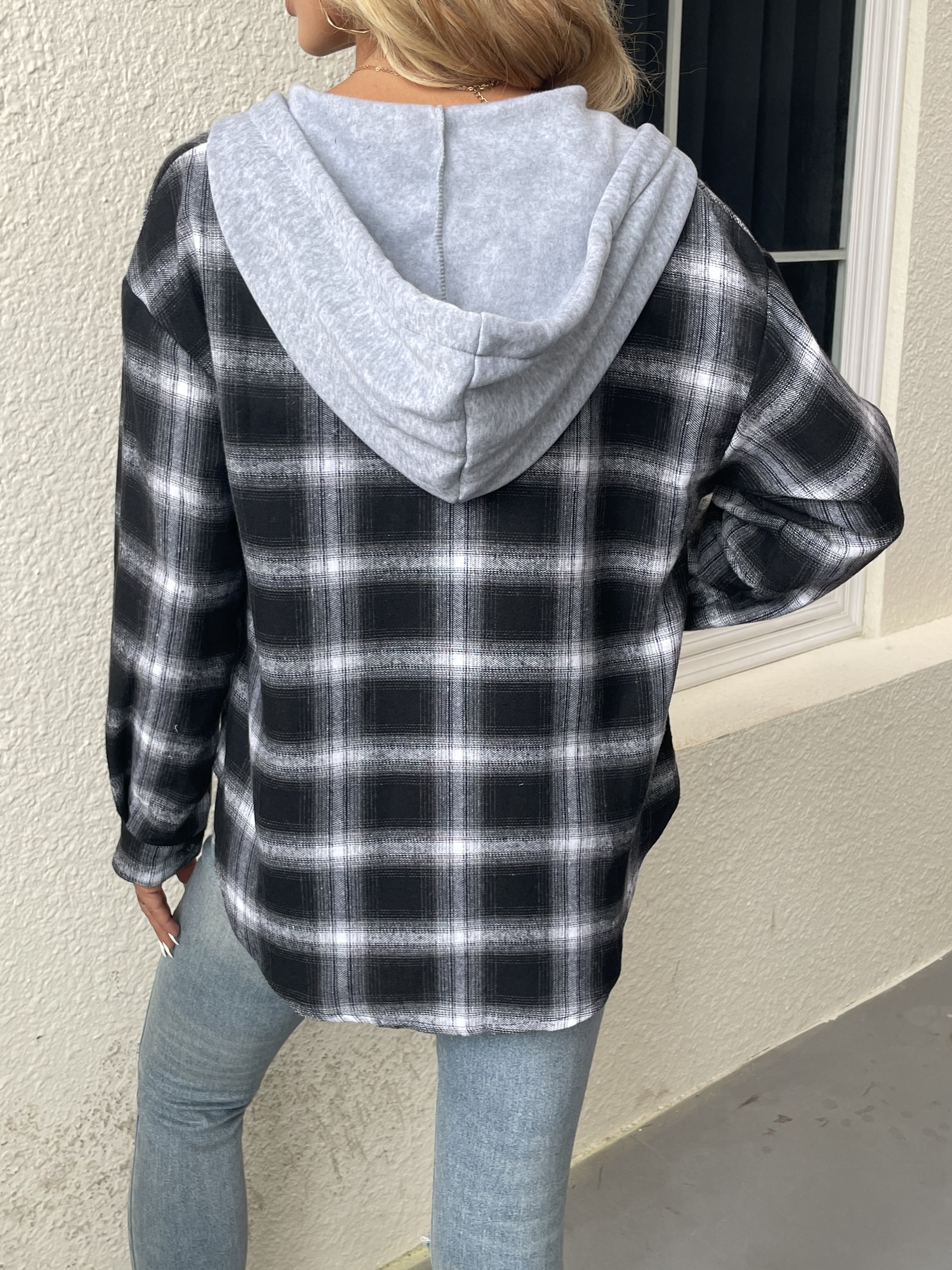 plaid print hooded jacket casual drawstring long sleeve button front outerwear womens clothing details 7