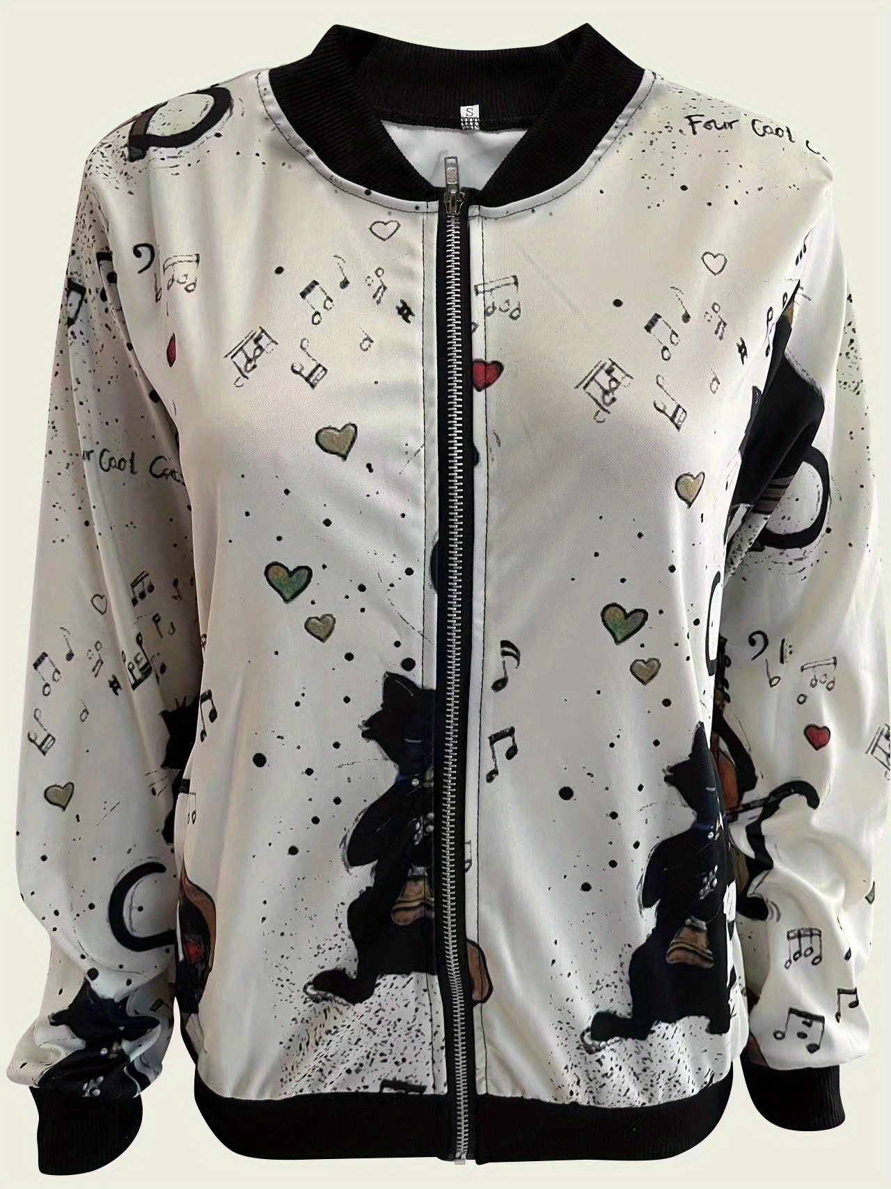 graphic print zipper jacket casual baseball neck long sleeve outerwear womens clothing details 0