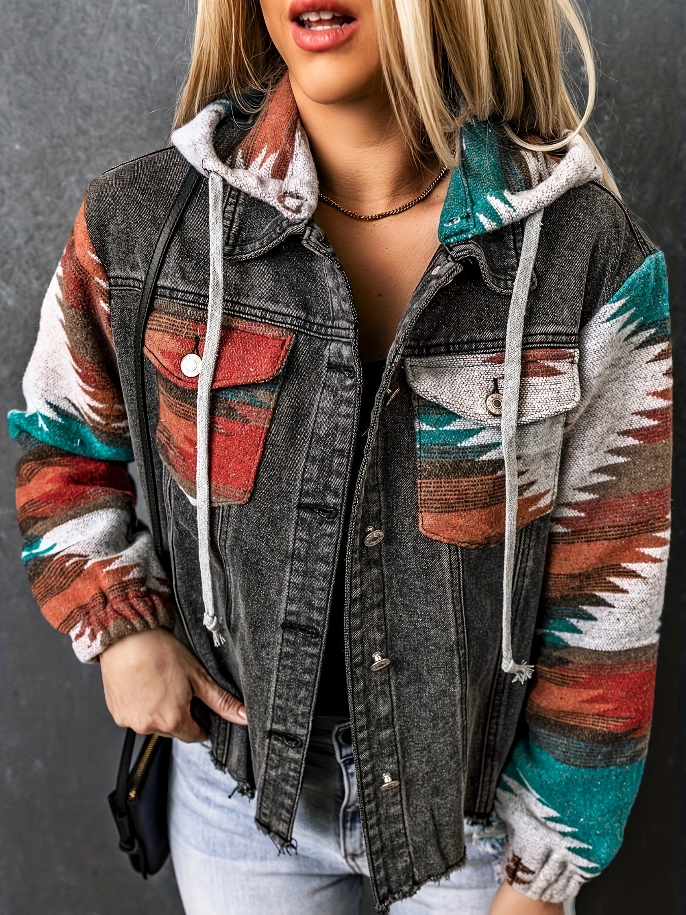 multicolor aztec print frayed hem denim jacket street pockets loose outerwear womens clothing details 2