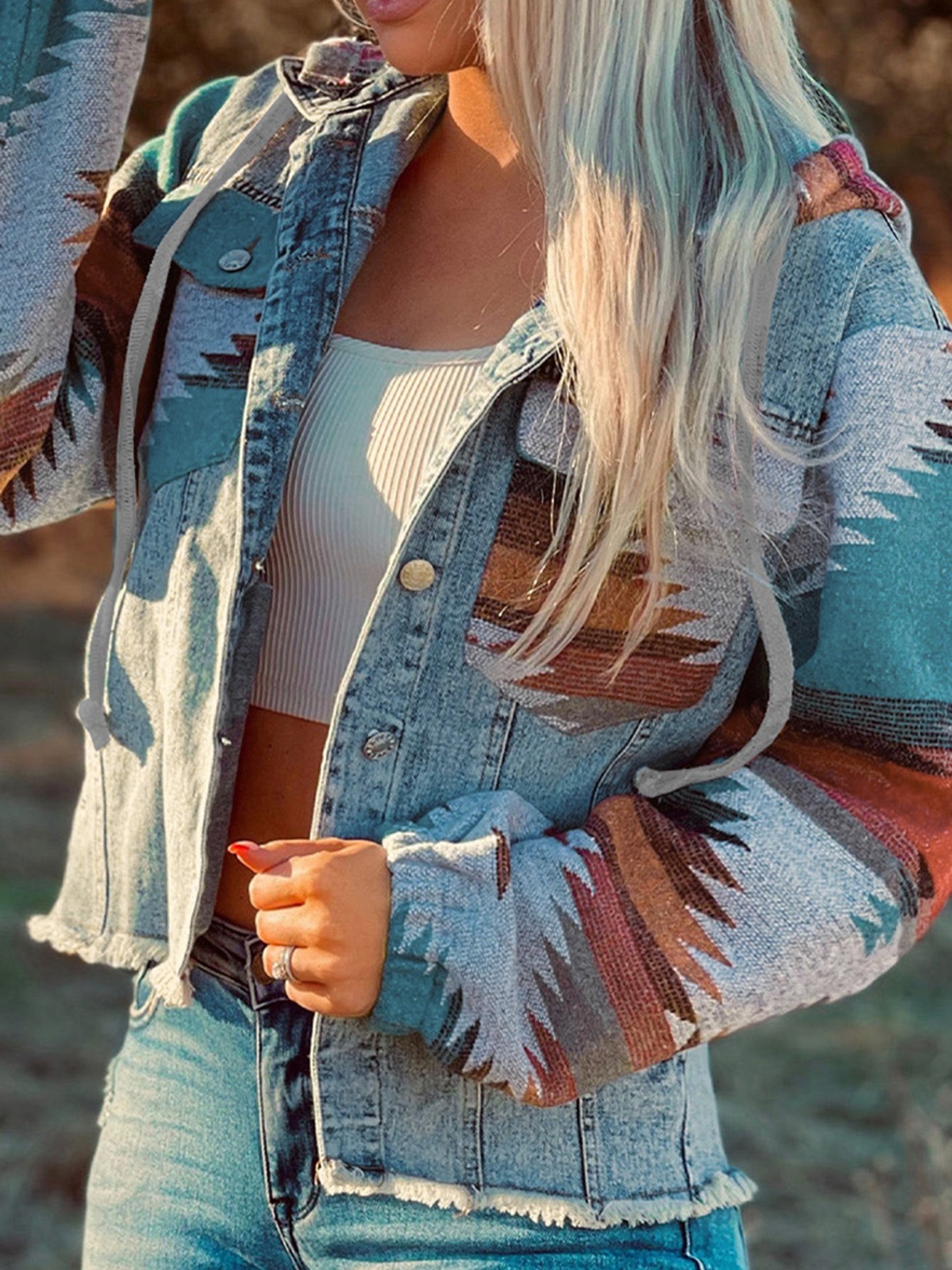 multicolor aztec print frayed hem denim jacket street pockets loose outerwear womens clothing details 4