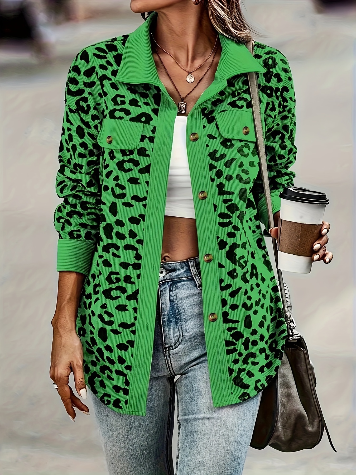 leopard print button plaid jacket casual flap pockets long sleeve jacket for fall winter womens clothing details 2