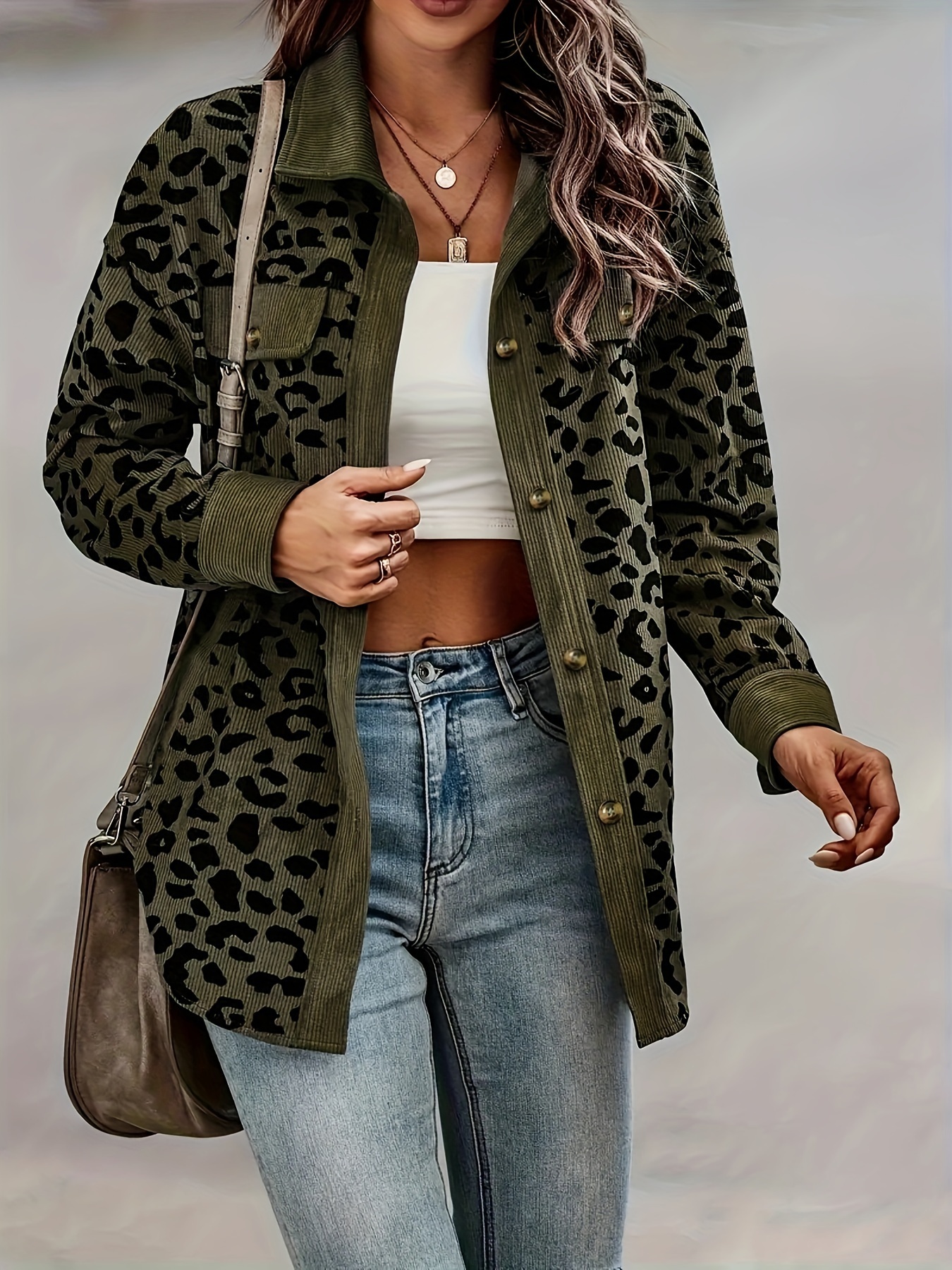 leopard print button plaid jacket casual flap pockets long sleeve jacket for fall winter womens clothing details 3