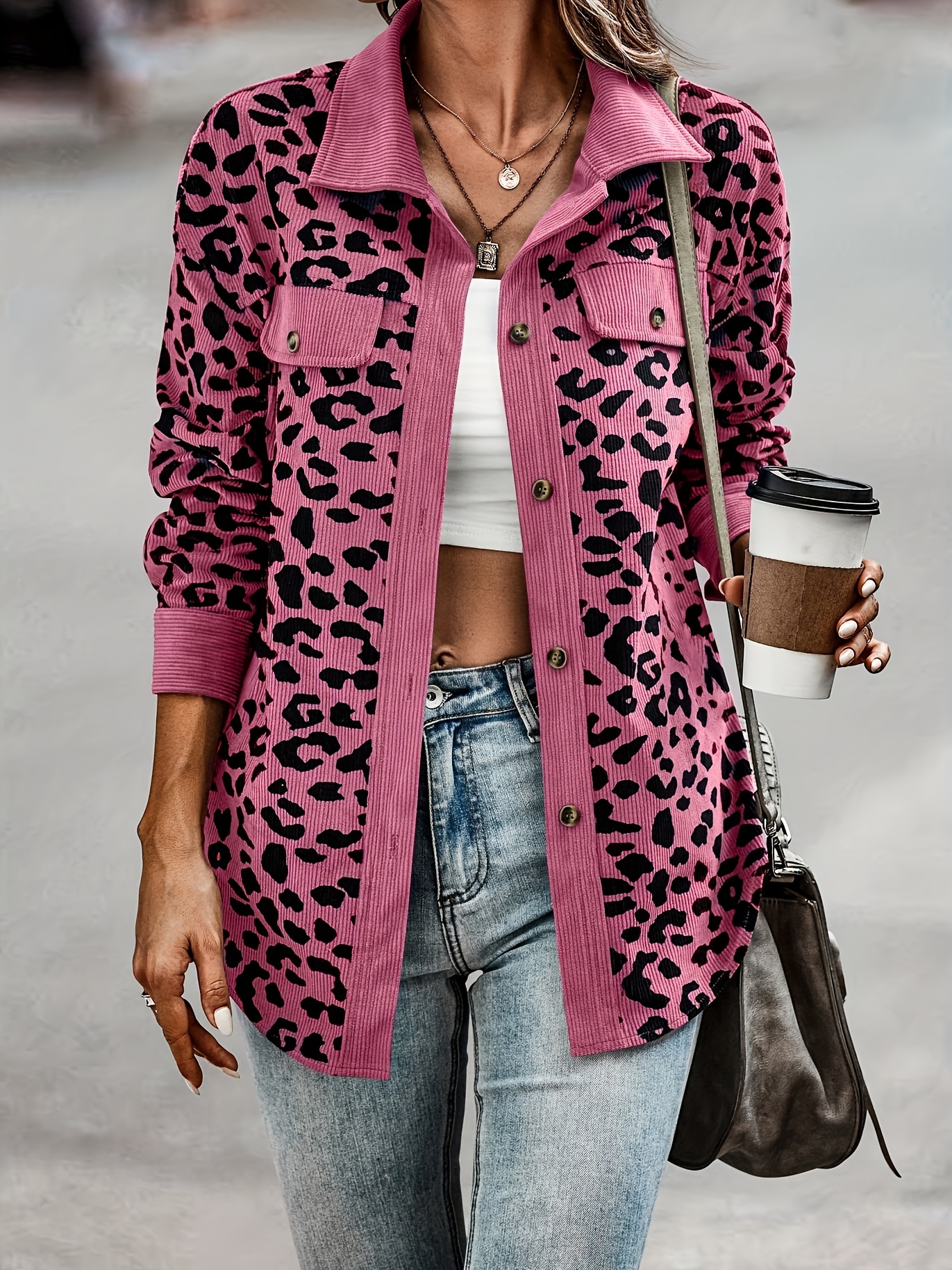 leopard print button plaid jacket casual flap pockets long sleeve jacket for fall winter womens clothing details 11