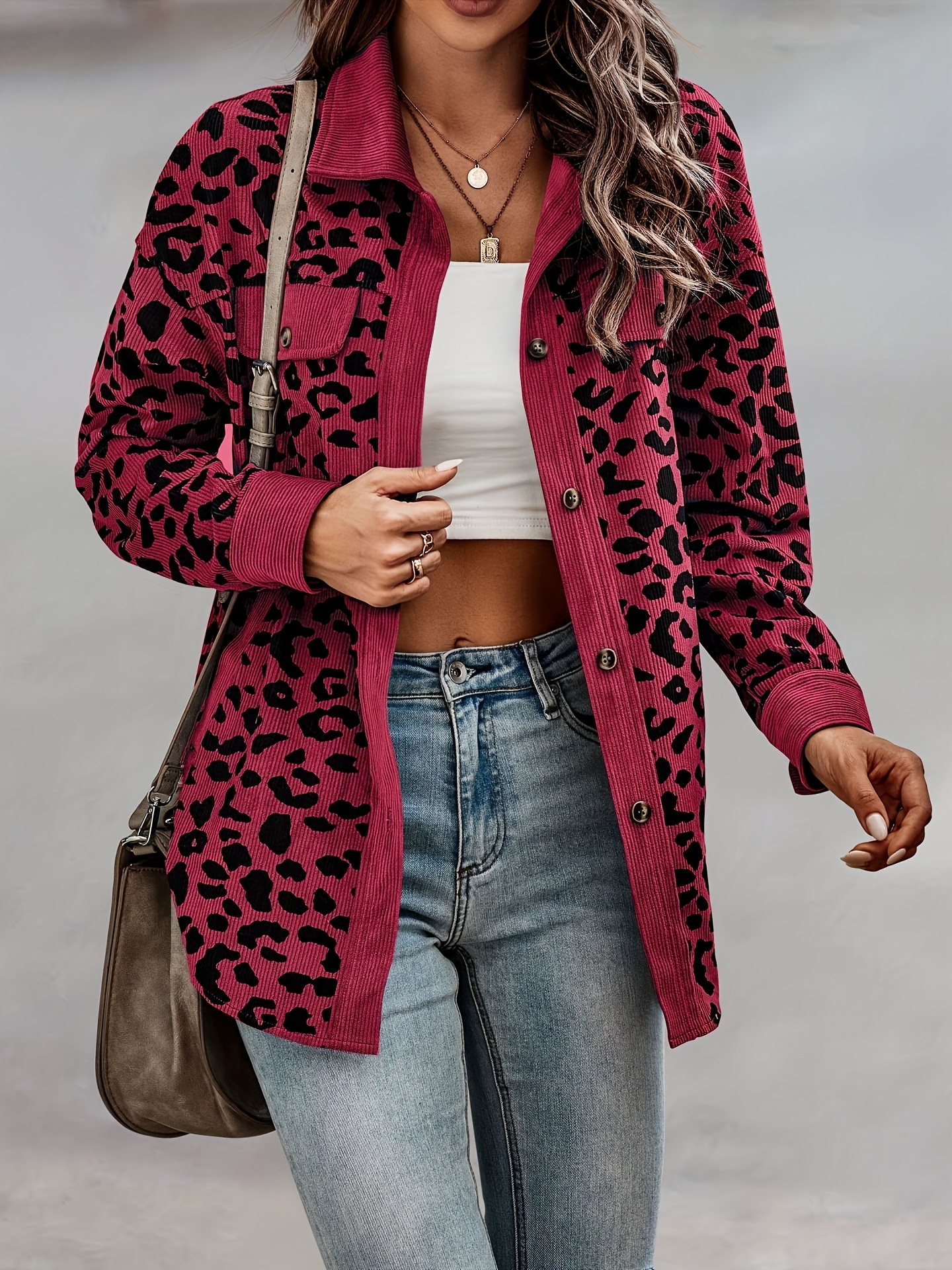 leopard print button plaid jacket casual flap pockets long sleeve jacket for fall winter womens clothing details 12