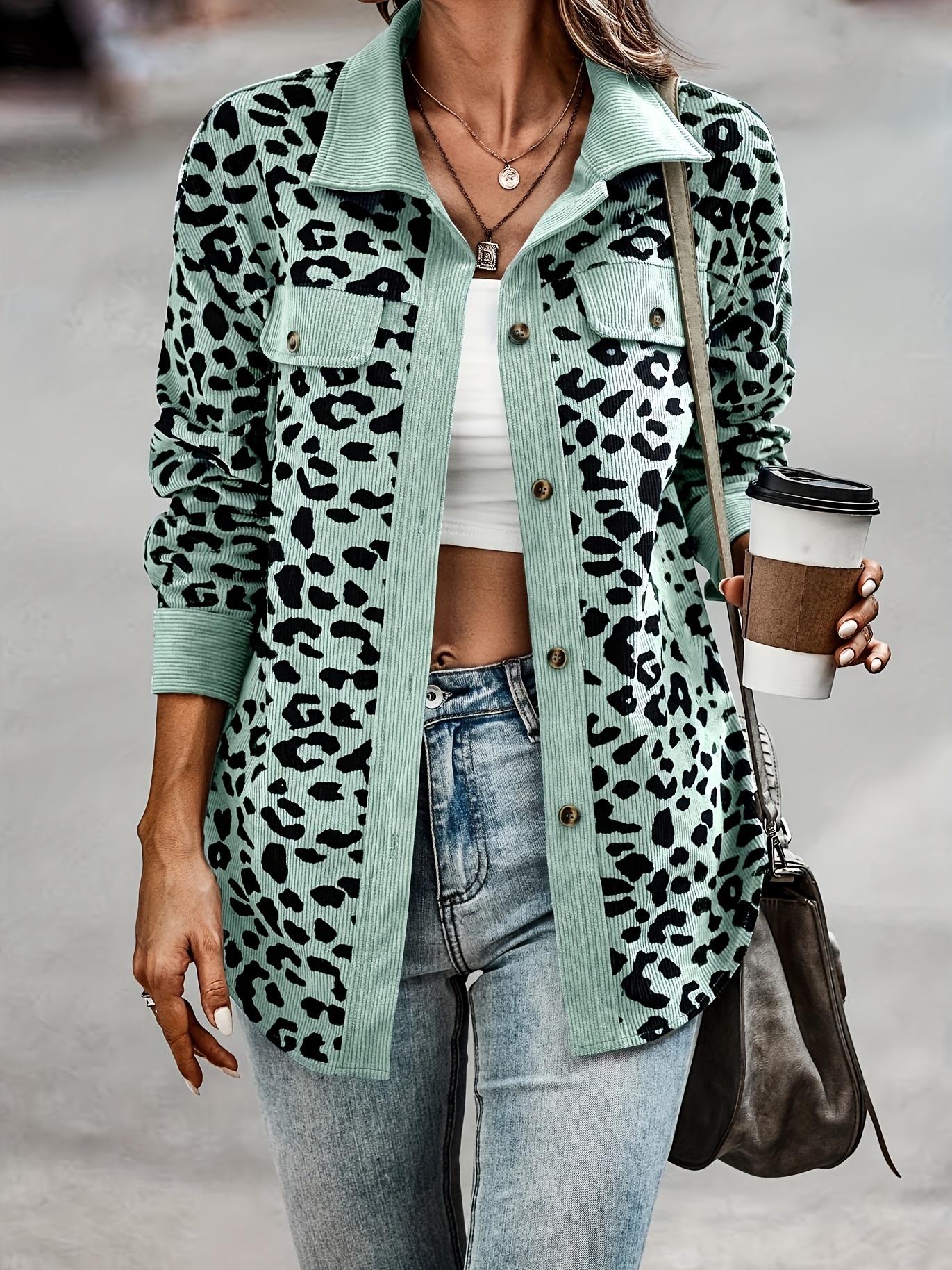 leopard print button plaid jacket casual flap pockets long sleeve jacket for fall winter womens clothing details 26