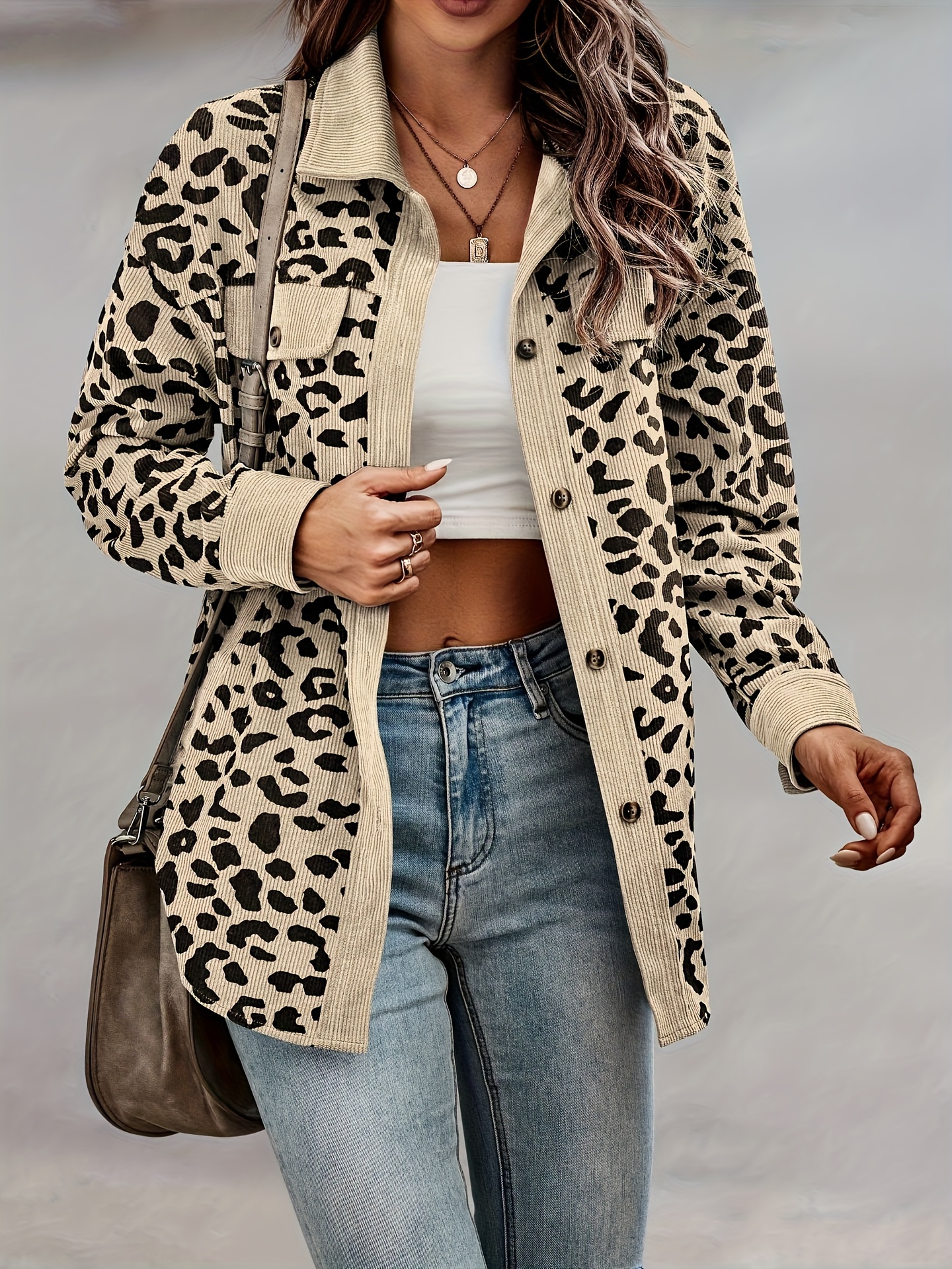 leopard print button plaid jacket casual flap pockets long sleeve jacket for fall winter womens clothing details 28