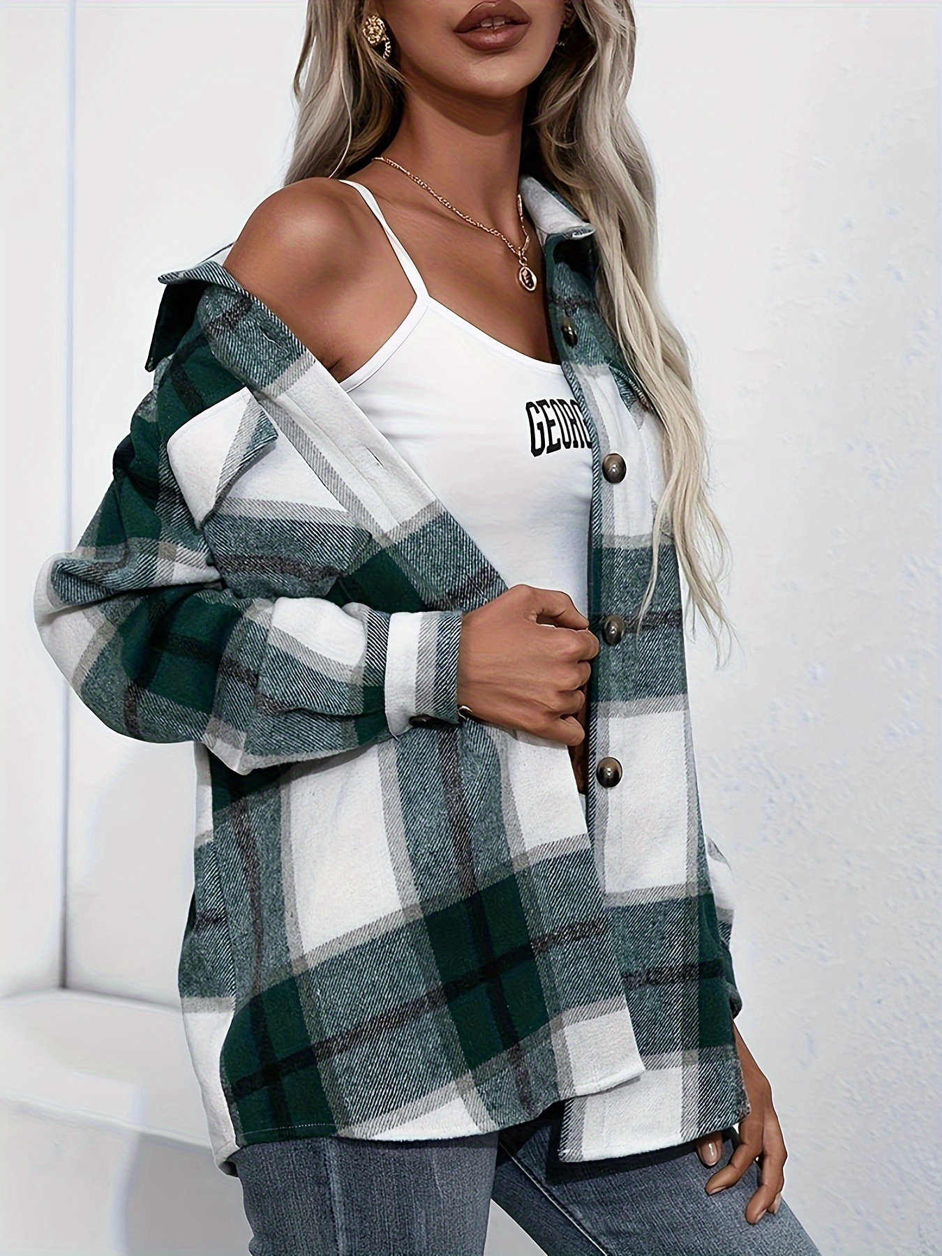 plaid button front jacket casual lapel long sleeve outwear womens clothing details 3