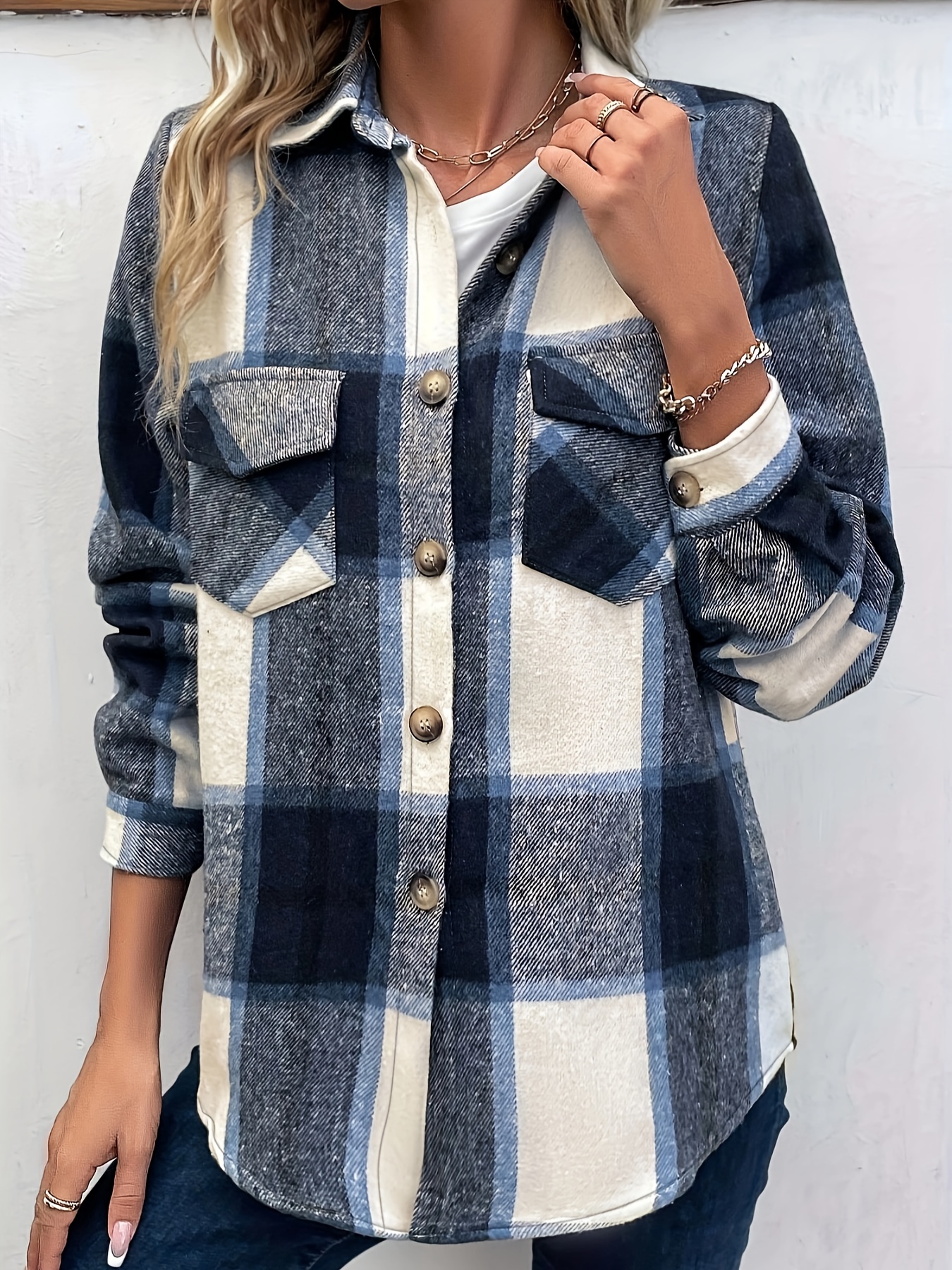 plaid button front jacket casual lapel long sleeve outwear womens clothing details 14