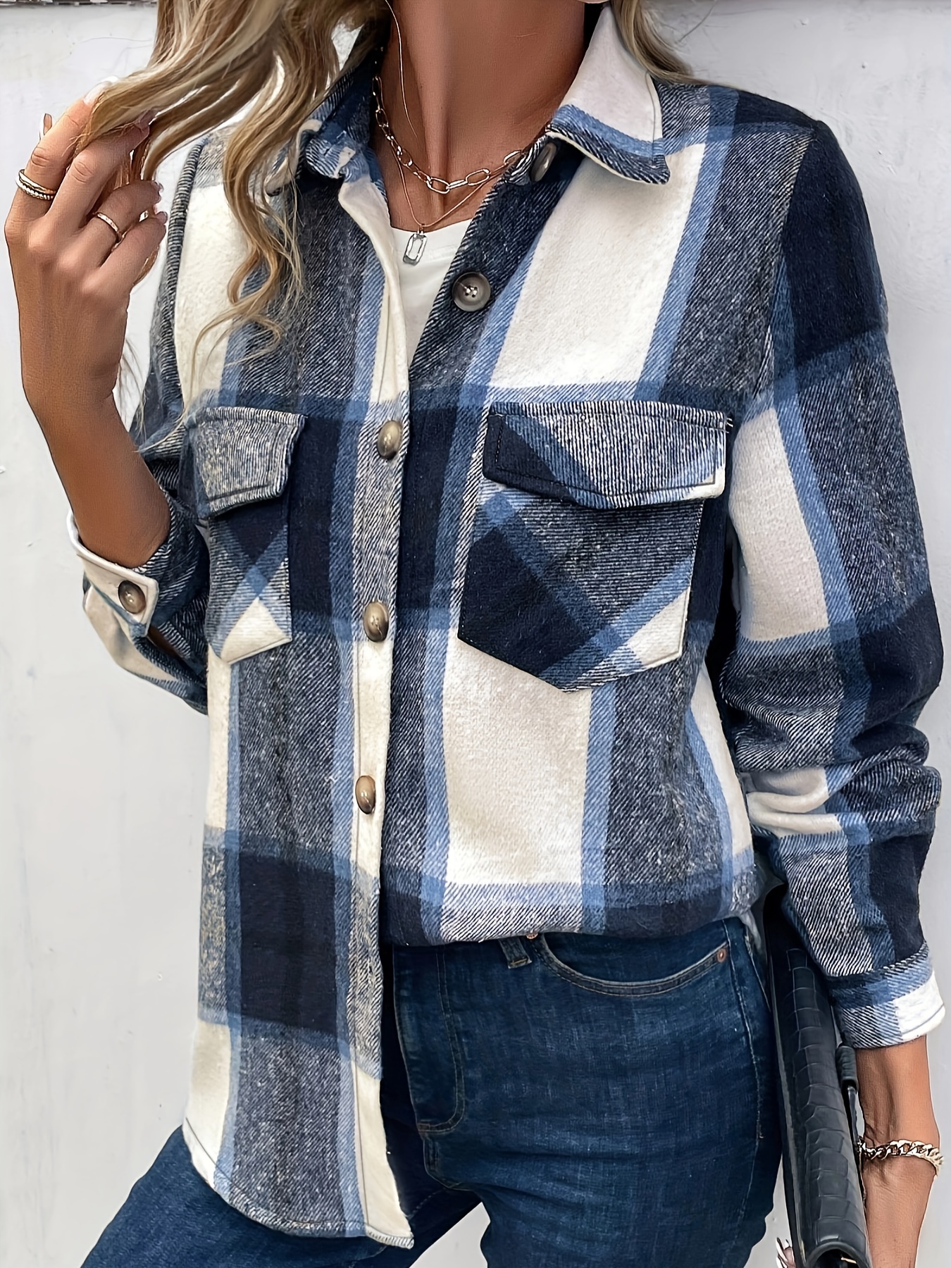 plaid button front jacket casual lapel long sleeve outwear womens clothing details 15