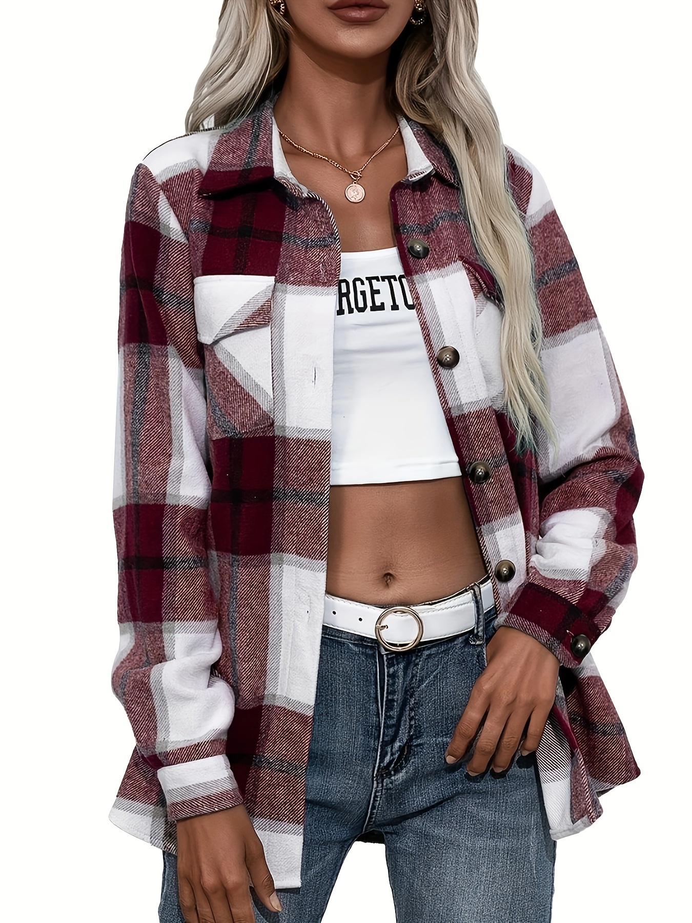 plaid button front jacket casual lapel long sleeve outwear womens clothing details 21