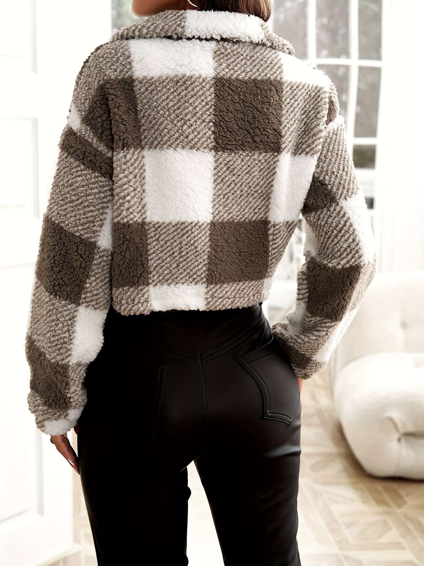 plaid pattern teddy jacket casual zip up long sleeve outerwear womens clothing details 2