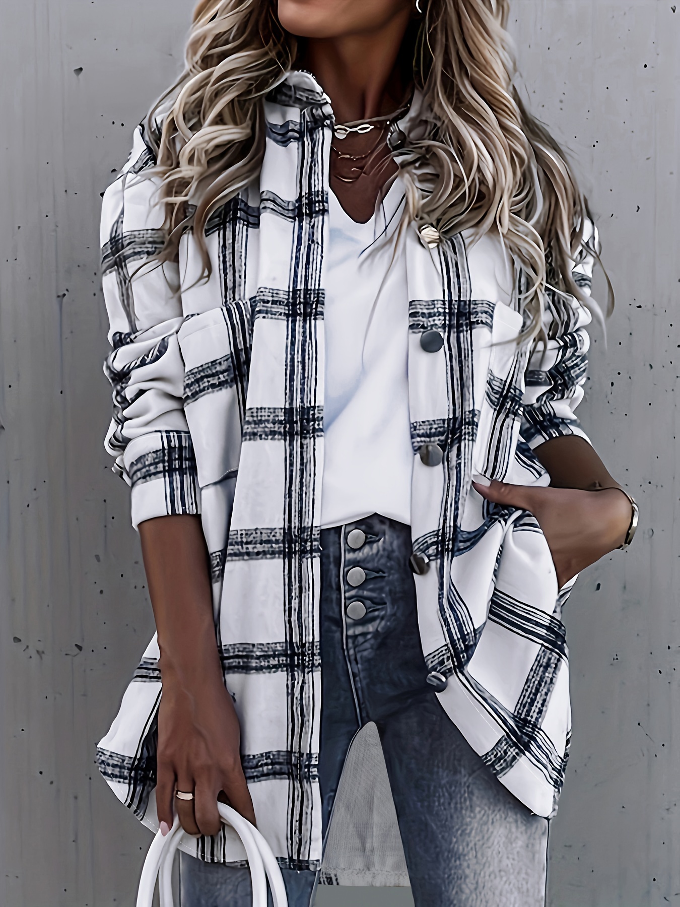 plaid classic shacket jacket casual button front long sleeve outerwear womens clothing details 0