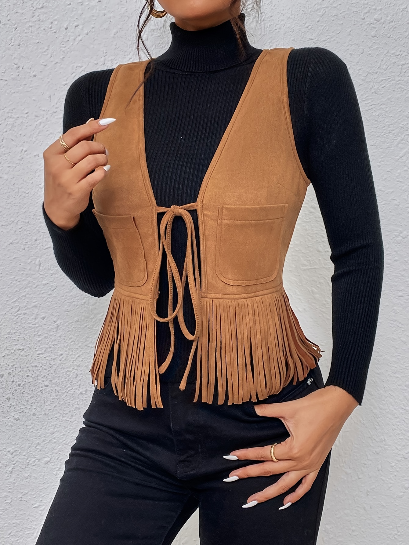 tassel tie front solid vest elegant sleeveless stylish vest womens clothing details 1