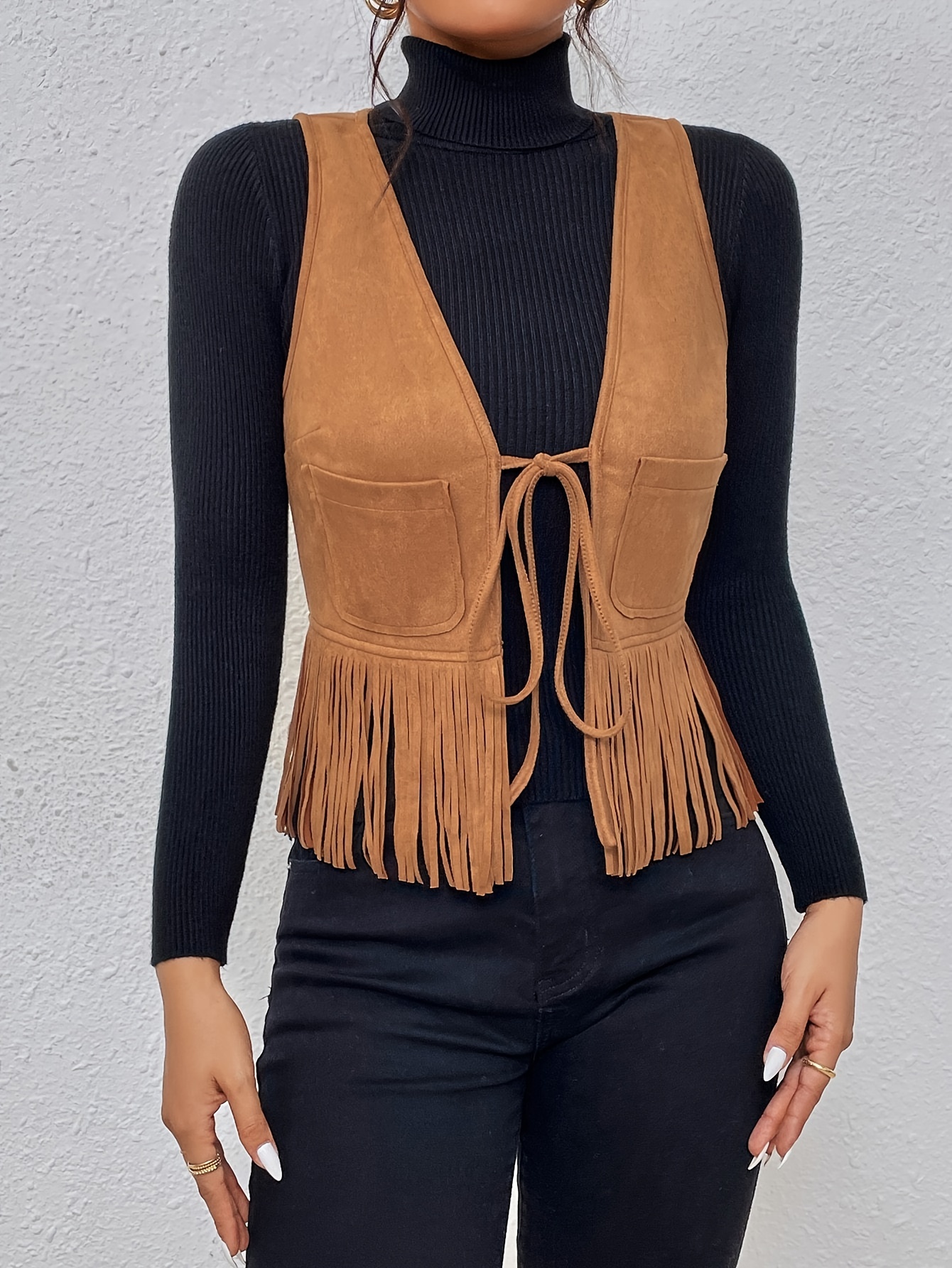 tassel tie front solid vest elegant sleeveless stylish vest womens clothing details 2