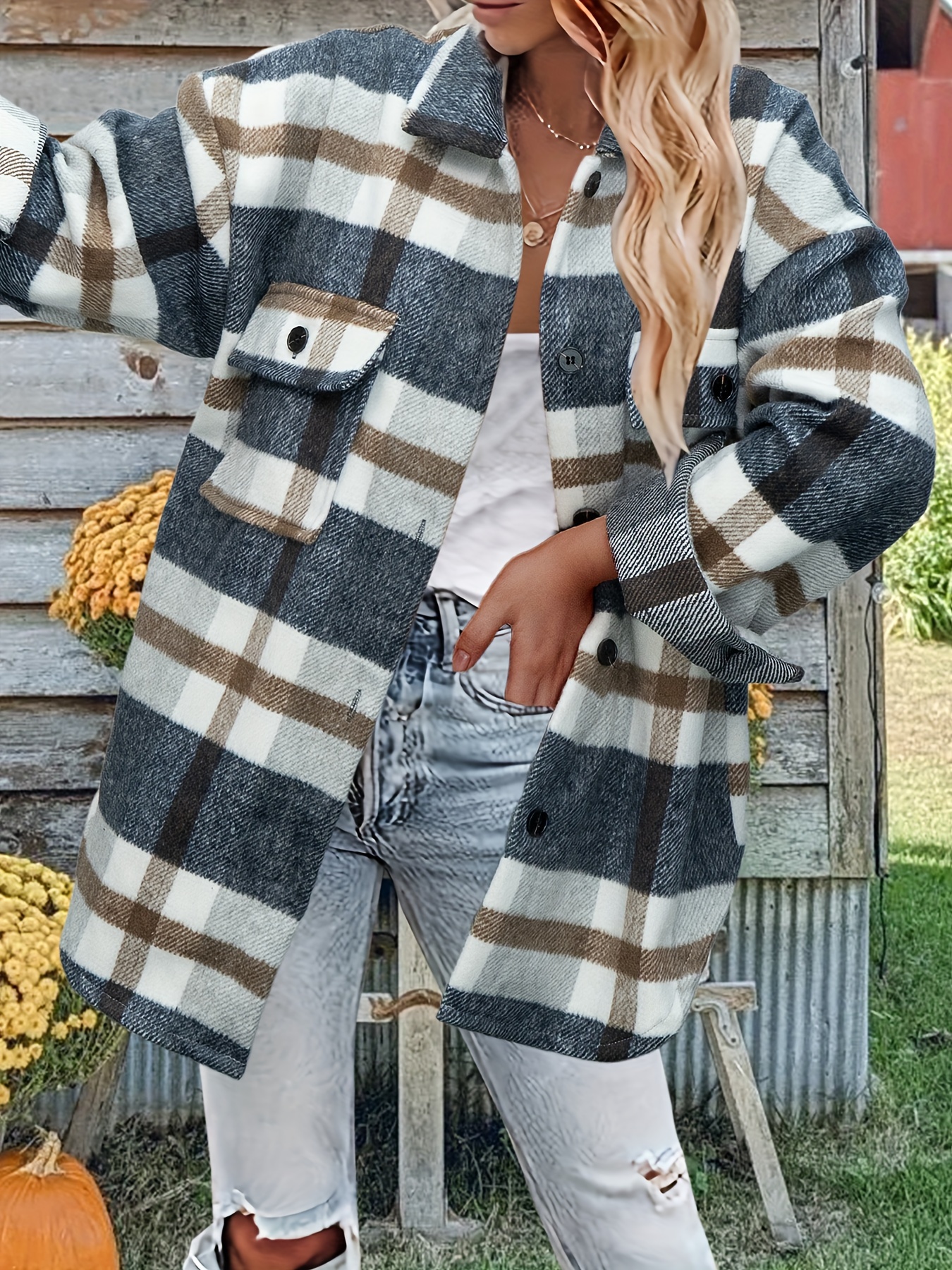 stylish plaid button down long sleeve jacket loose lapel plaid jacket womens clothing details 0