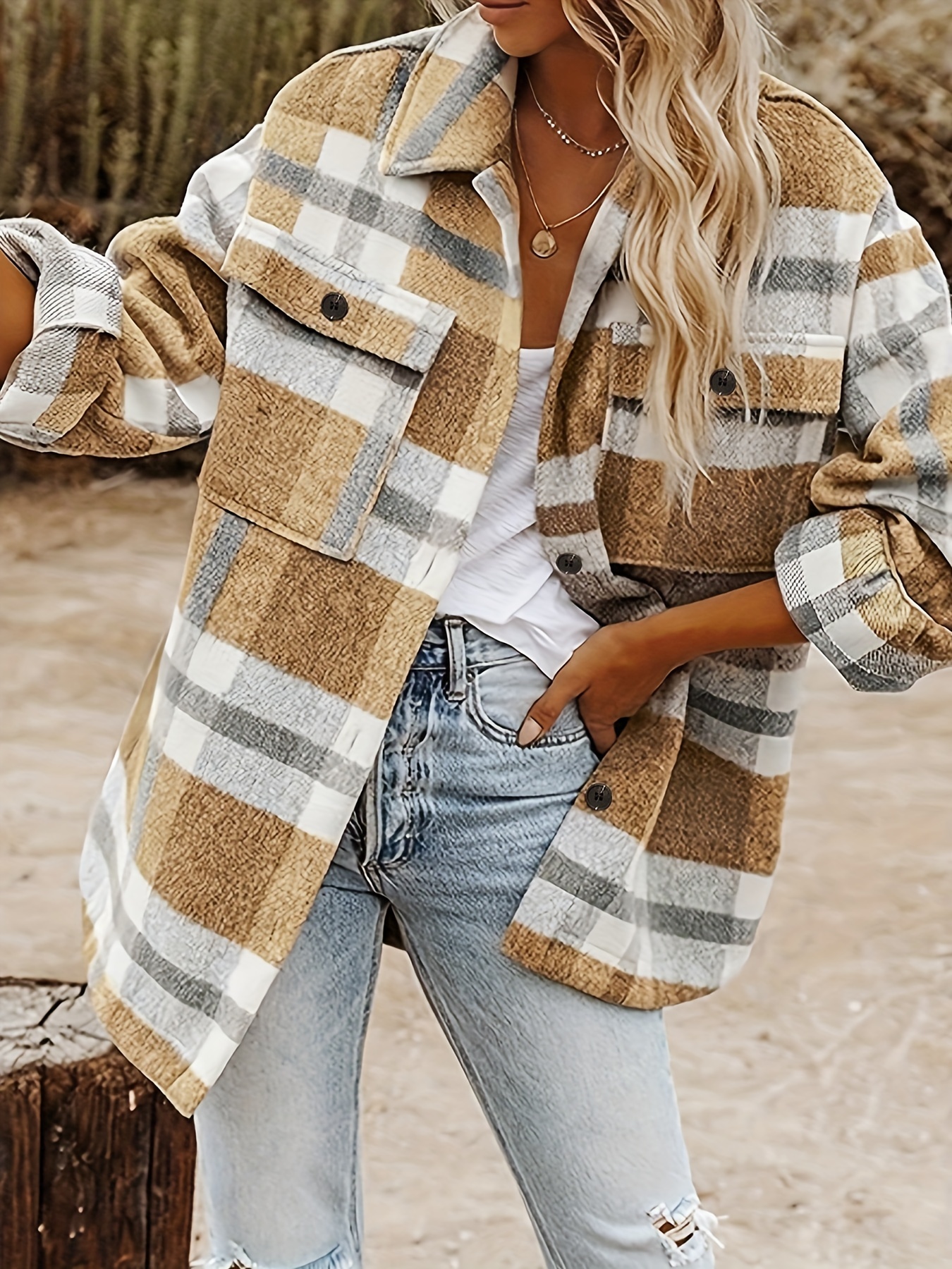 stylish plaid button down long sleeve jacket loose lapel plaid jacket womens clothing details 3