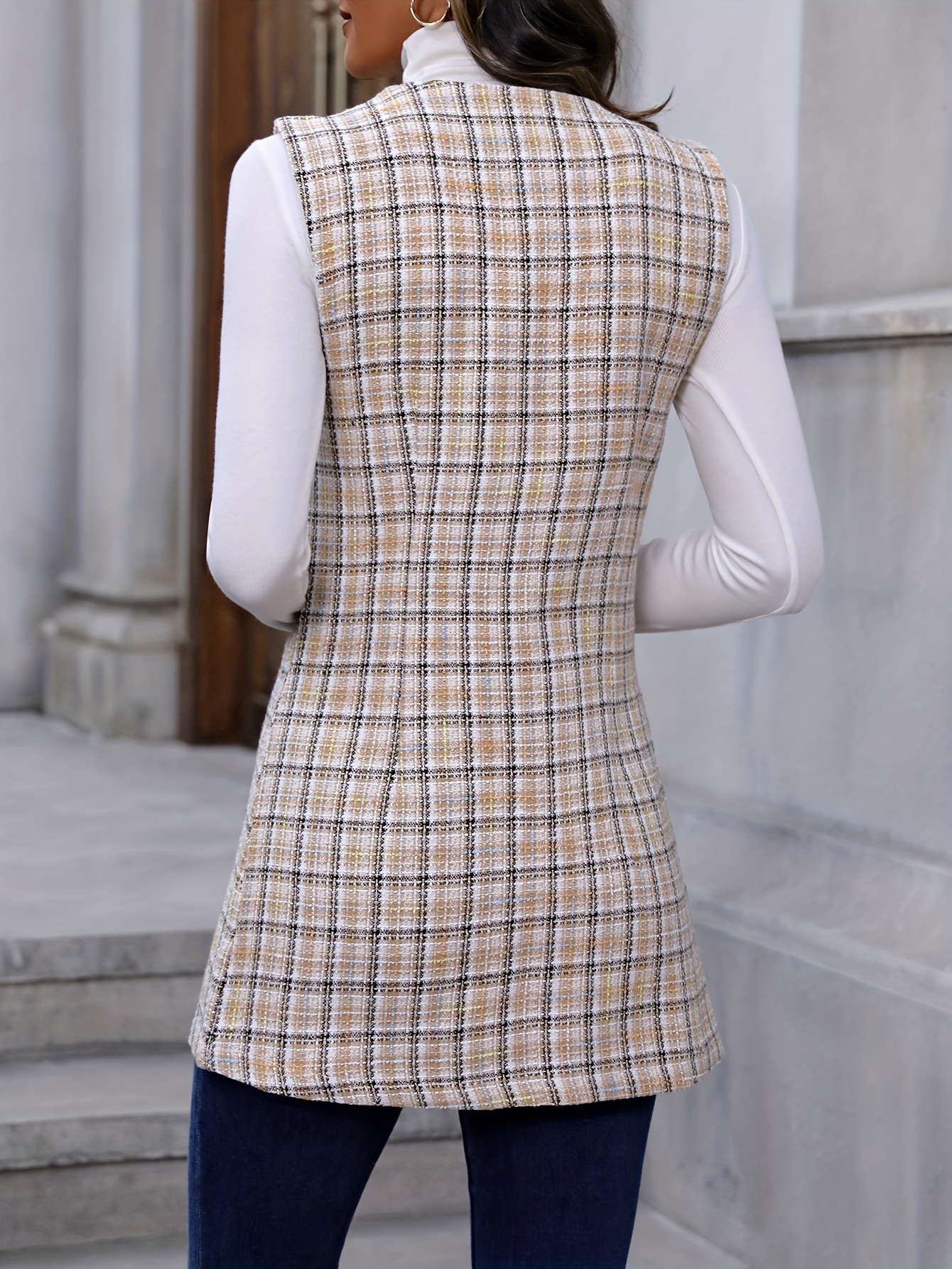 plaid print sleeveless vest elegant button front vest with pockets womens clothing details 1