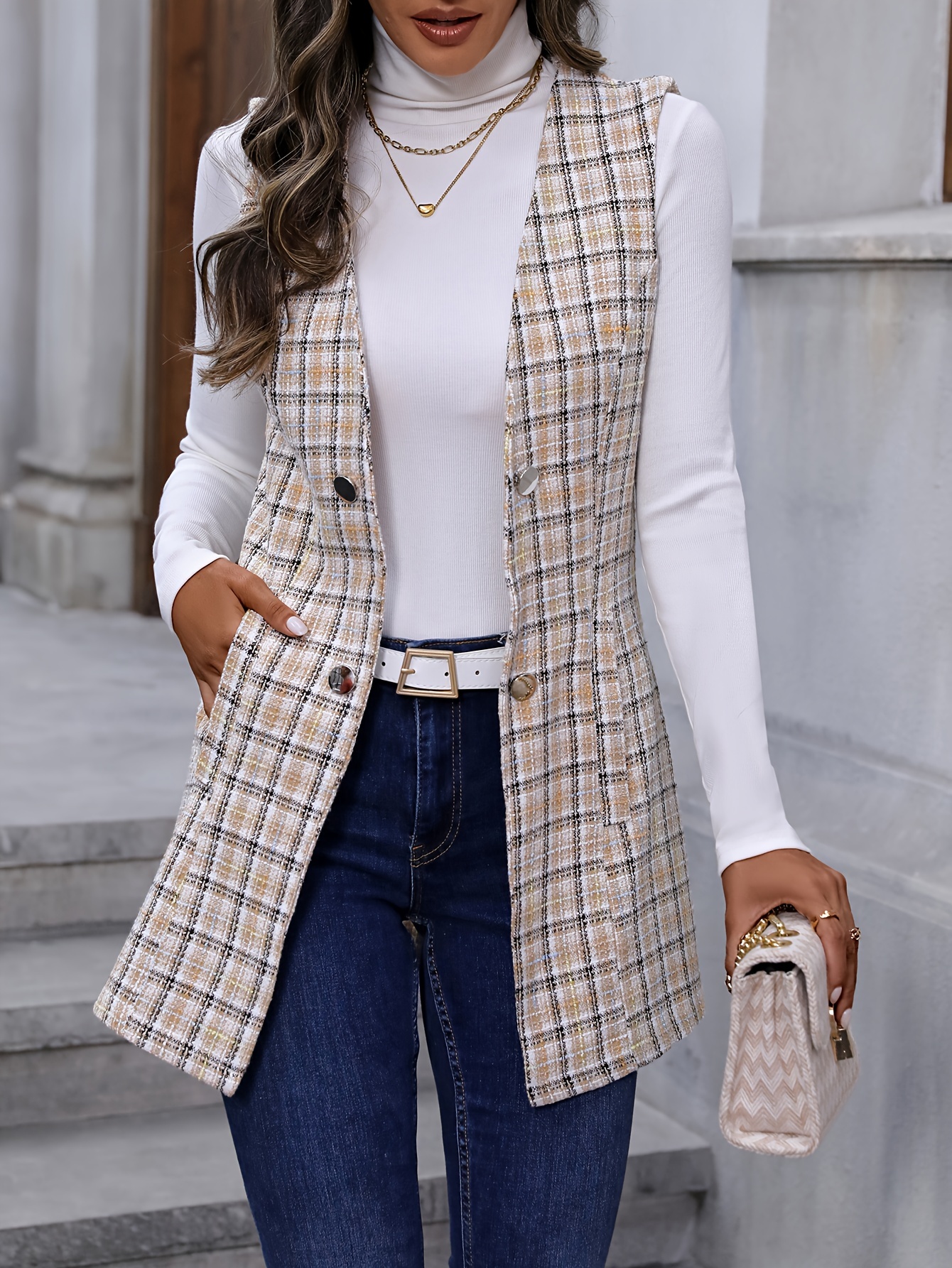 plaid print sleeveless vest elegant button front vest with pockets womens clothing details 4