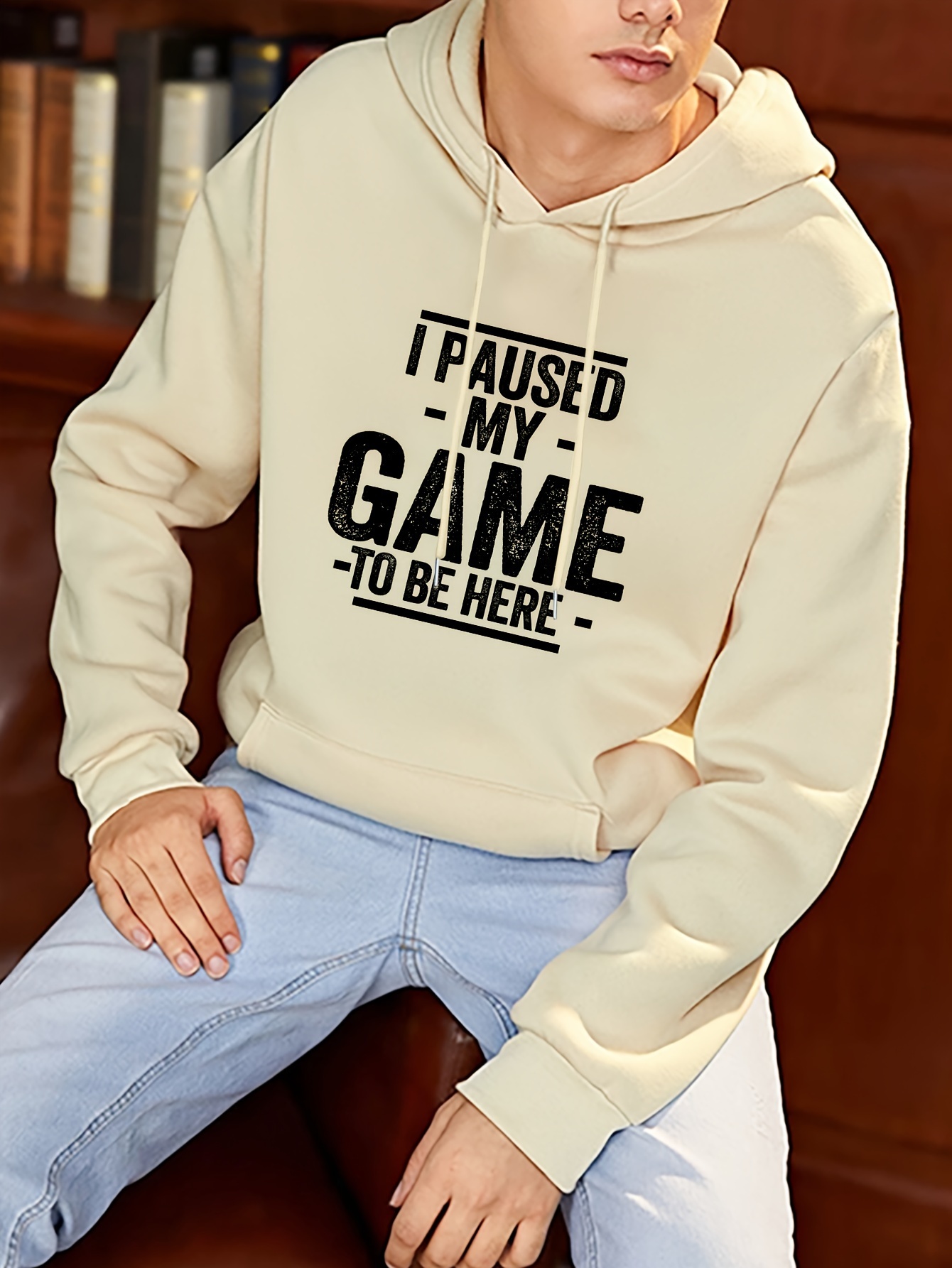 i paused my game print mens pullover round neck hoodies with kangaroo pocket long sleeve hooded sweatshirt loose casual top for autumn winter mens clothing as gifts details 5