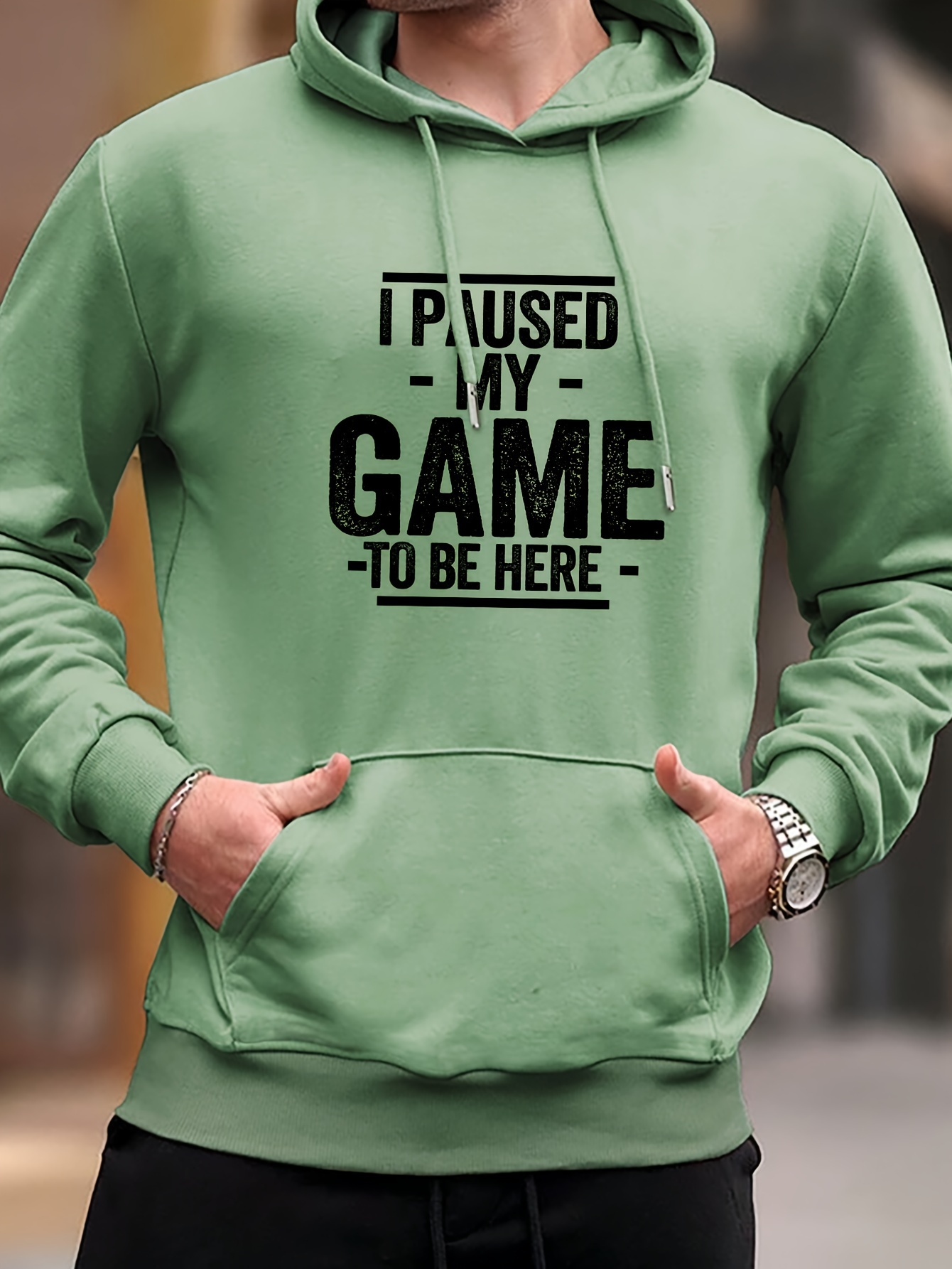 i paused my game print mens pullover round neck hoodies with kangaroo pocket long sleeve hooded sweatshirt loose casual top for autumn winter mens clothing as gifts details 10