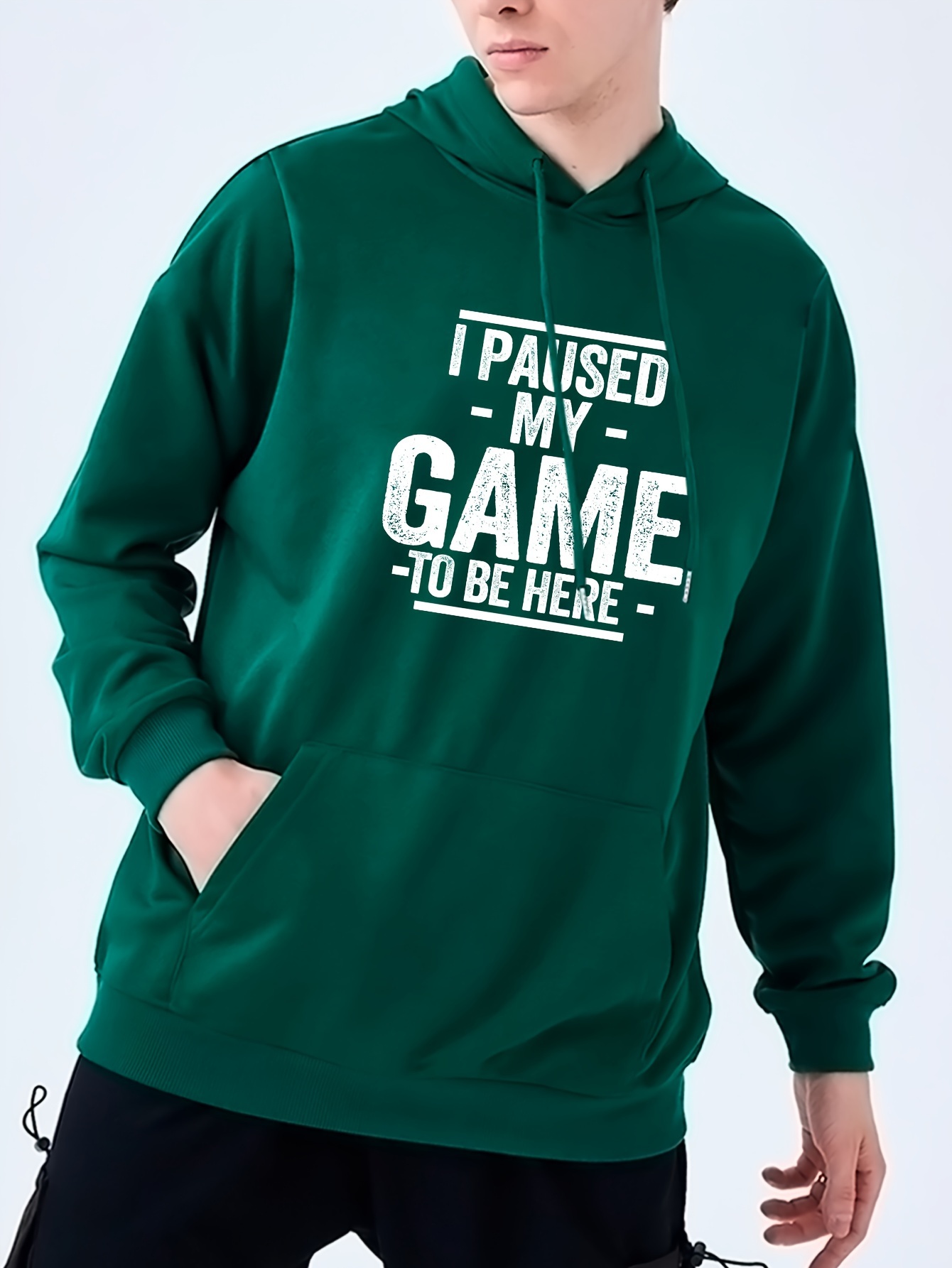 i paused my game print mens pullover round neck hoodies with kangaroo pocket long sleeve hooded sweatshirt loose casual top for autumn winter mens clothing as gifts details 15