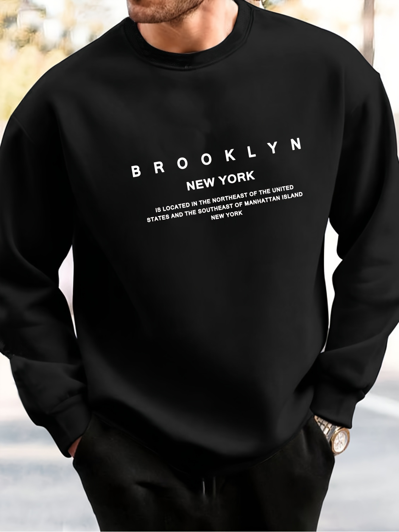 brooklyn new york print fashionable mens casual long sleeve crew neck pullover sweatshirt suitable for outdoor sports for autumn spring can be paired with hip hop necklace as gifts details 0