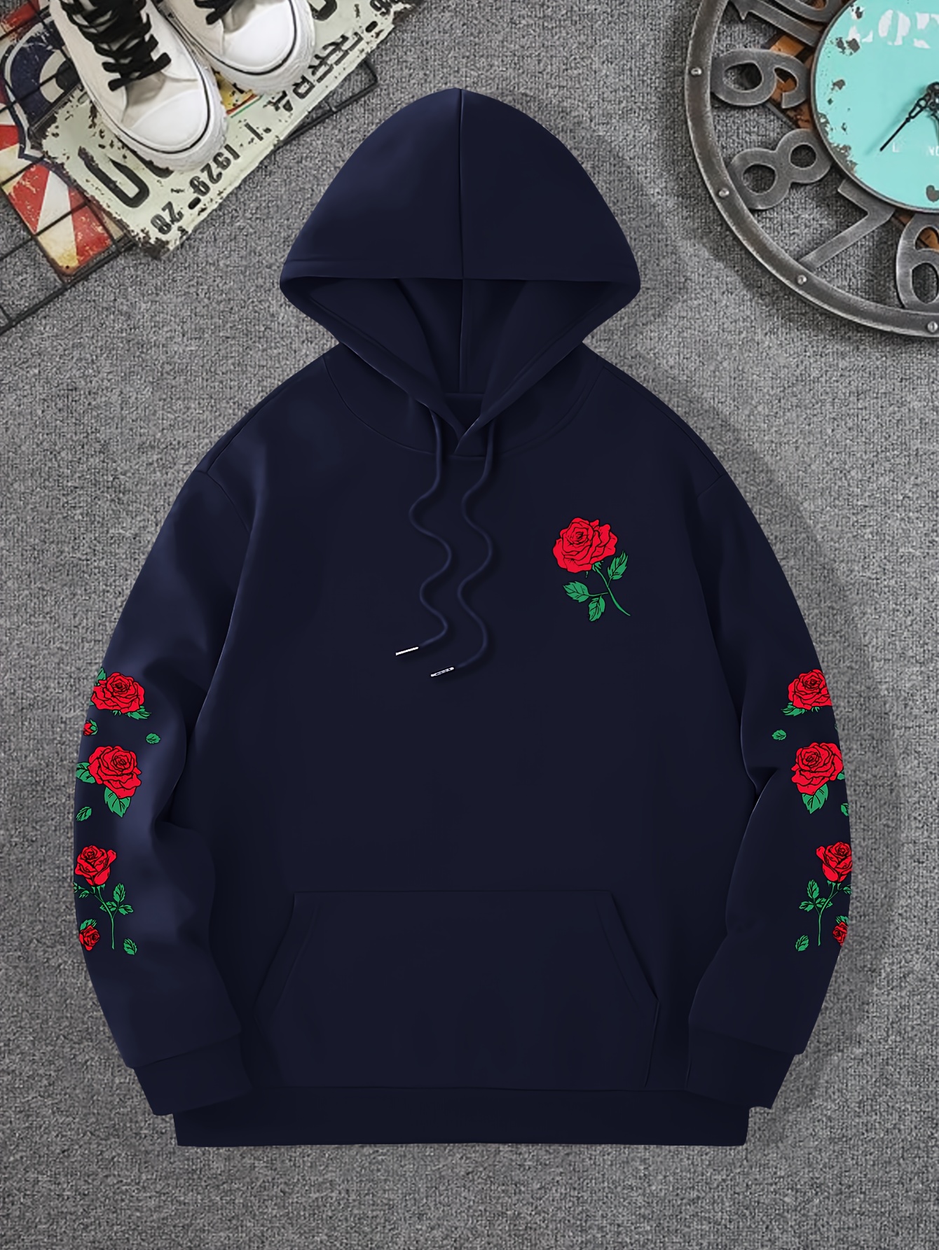 red rose print mens pullover round neck long sleeve hooded sweatshirt pattern loose casual top for autumn winter mens clothing as gifts details 15