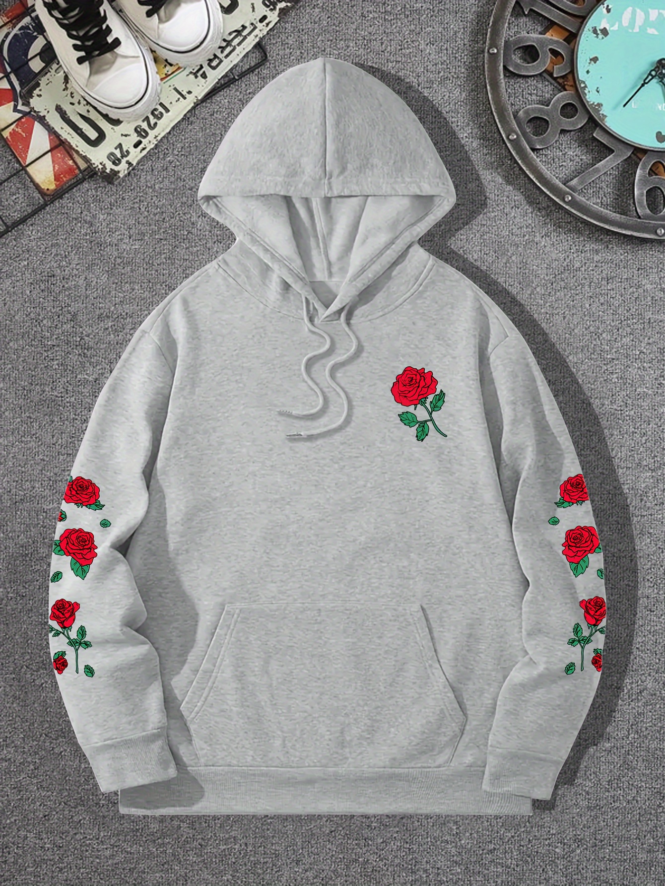 red rose print mens pullover round neck long sleeve hooded sweatshirt pattern loose casual top for autumn winter mens clothing as gifts details 35