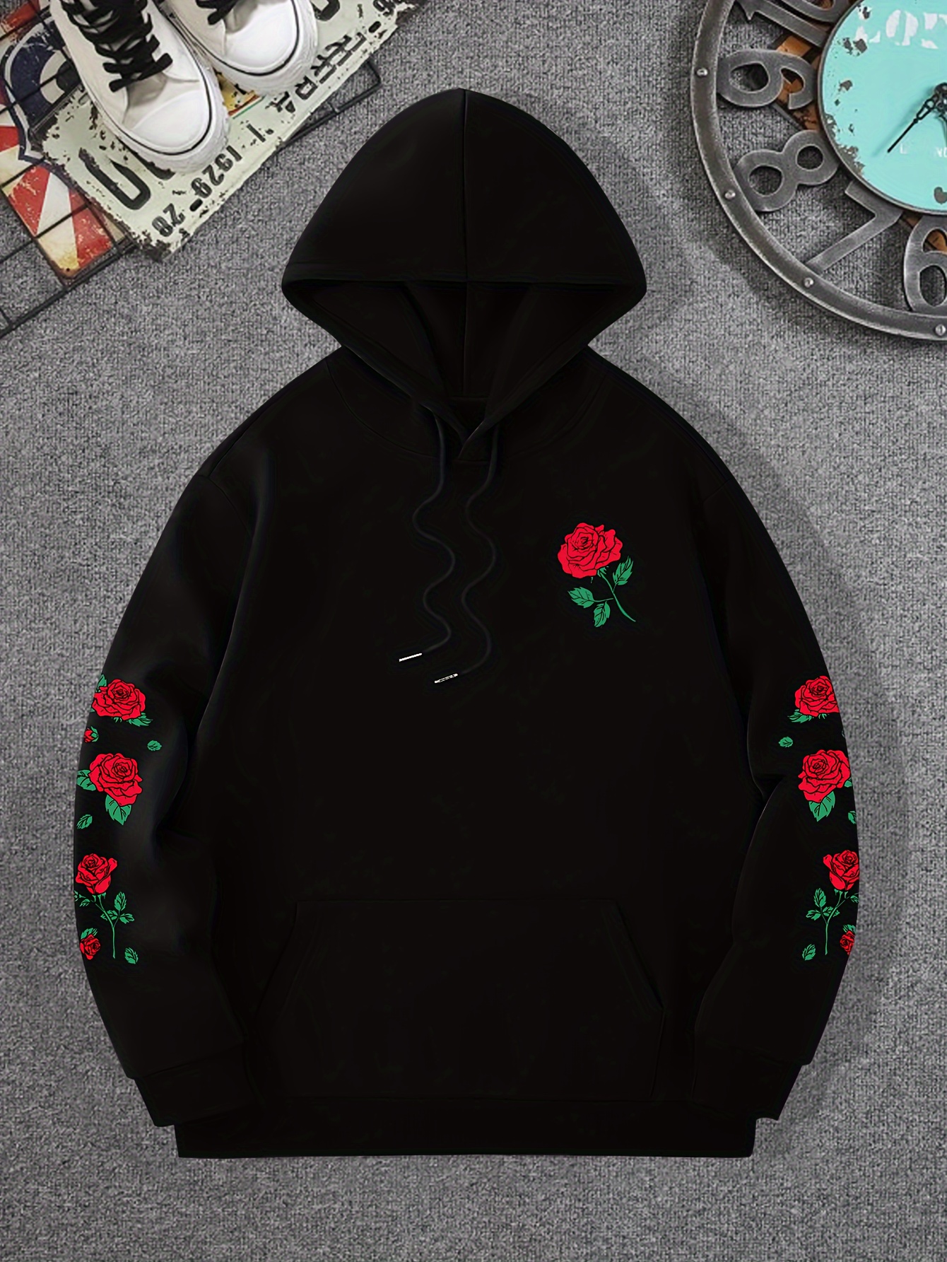 red rose print mens pullover round neck long sleeve hooded sweatshirt pattern loose casual top for autumn winter mens clothing as gifts details 46