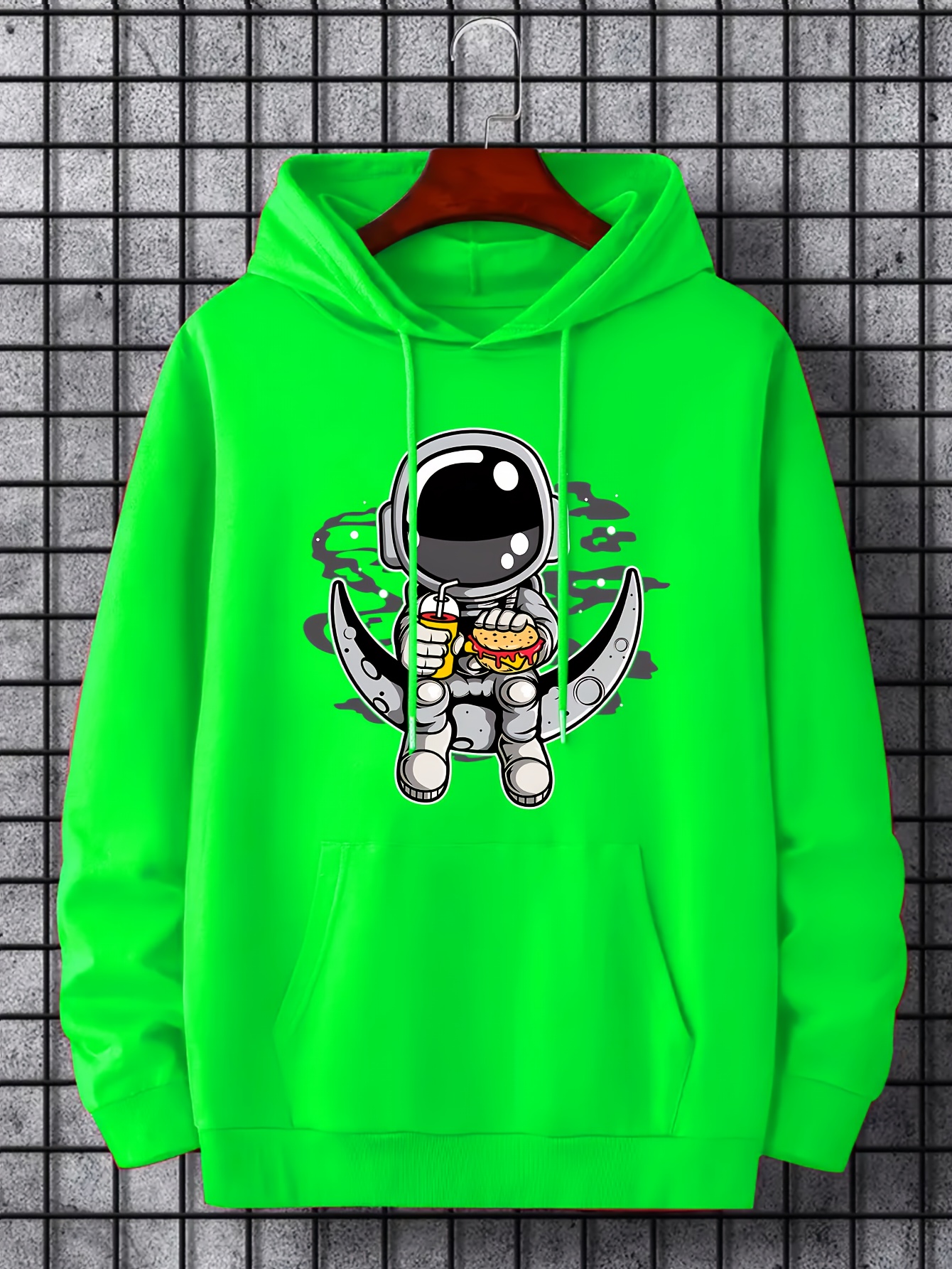 cartoon astronaut moon print hoodie hoodies for men mens casual graphic design pullover hooded sweatshirt with kangaroo pocket streetwear for winter fall as gifts details 5