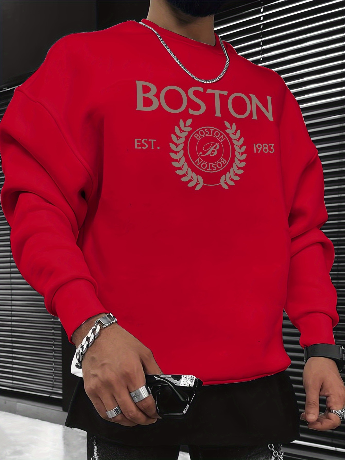 mens pullover round neck long sleeve sweatshirt letter boston pattern casual top for autumn winter mens clothing details 9