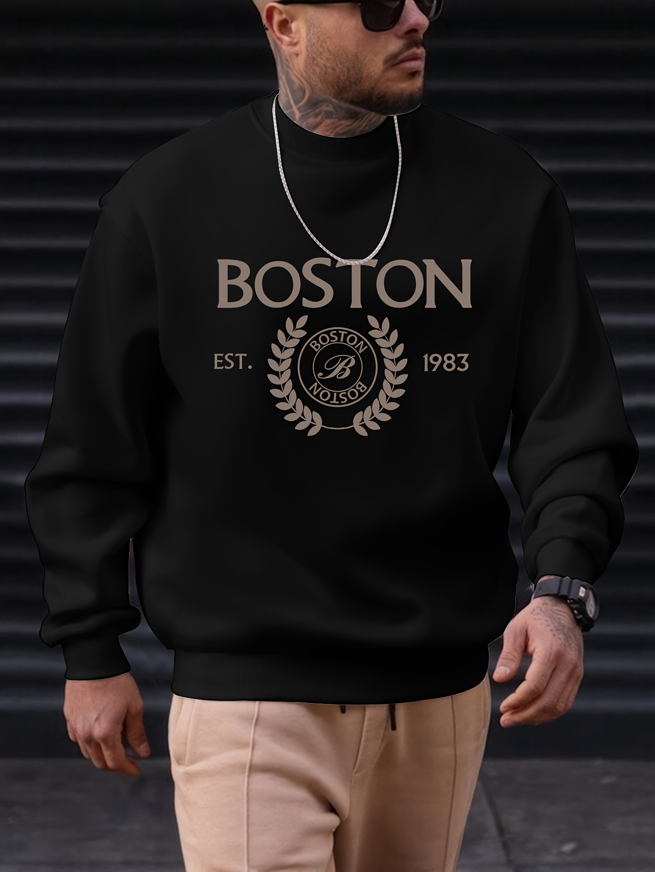 mens pullover round neck long sleeve sweatshirt letter boston pattern casual top for autumn winter mens clothing details 12