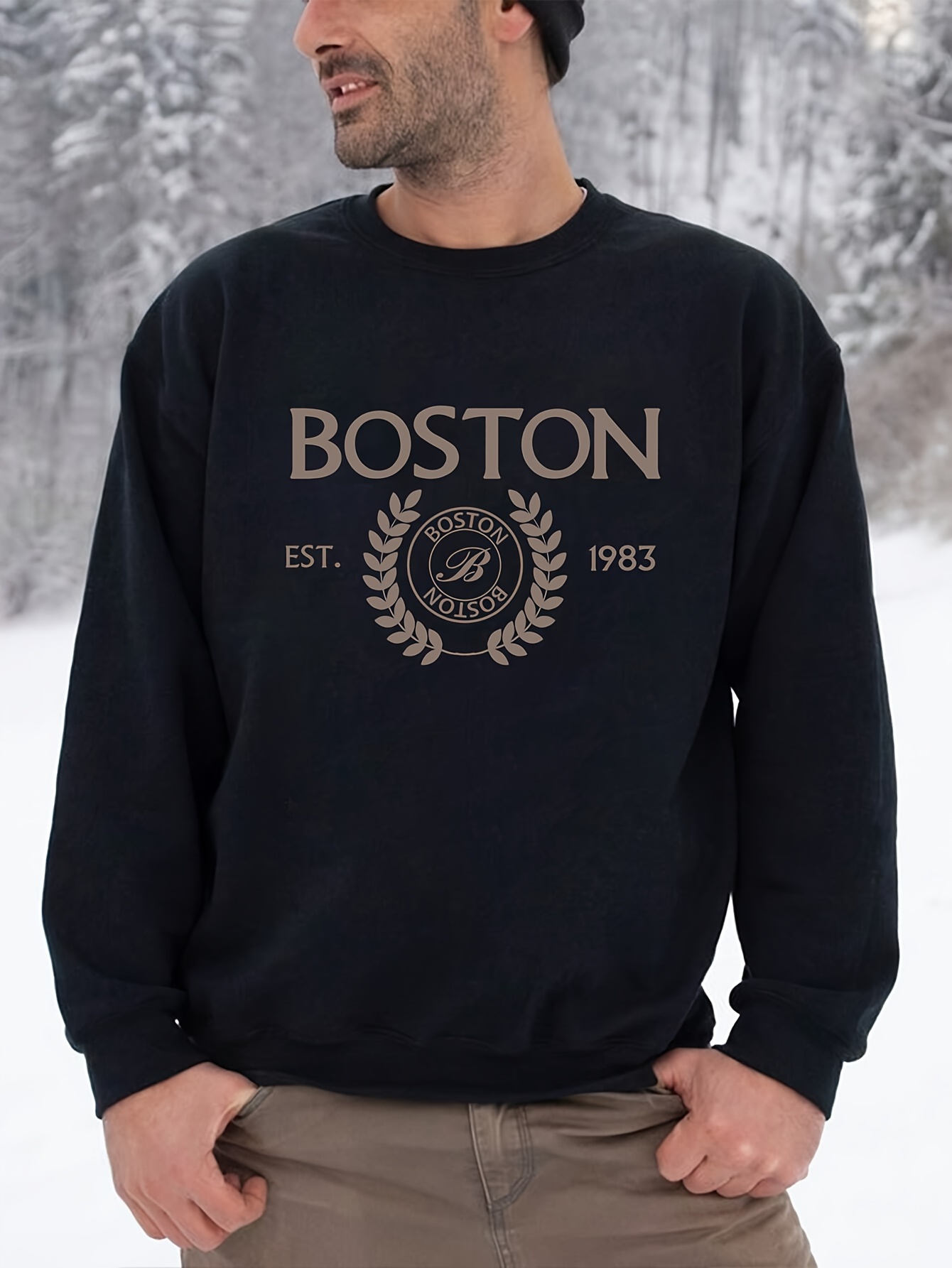 mens pullover round neck long sleeve sweatshirt letter boston pattern casual top for autumn winter mens clothing details 15