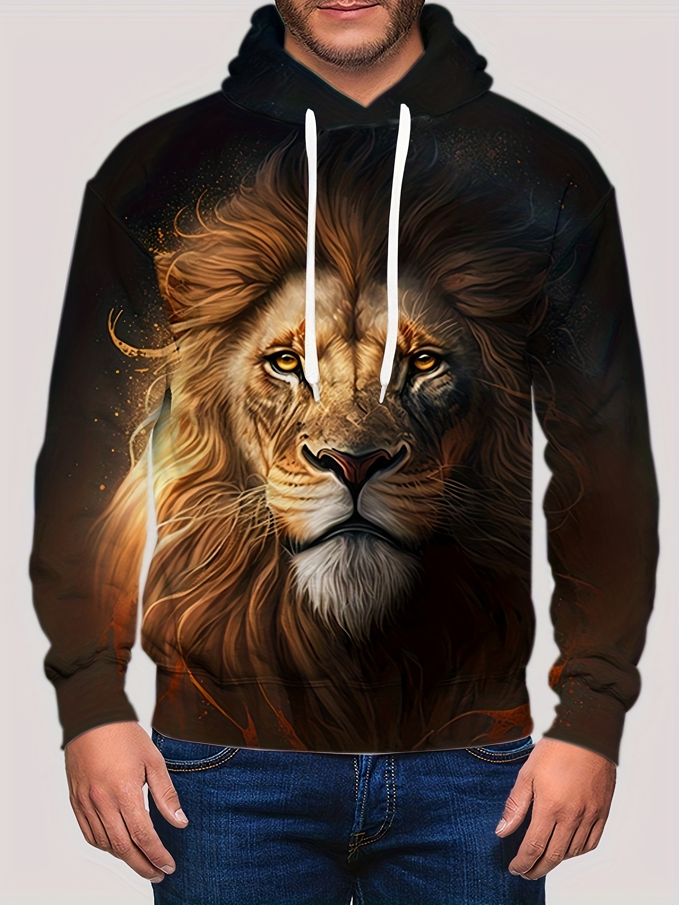 lion print hoodie cool hoodies for men mens casual graphic design pullover hooded sweatshirt with kangaroo pocket streetwear for winter fall as gifts details 5