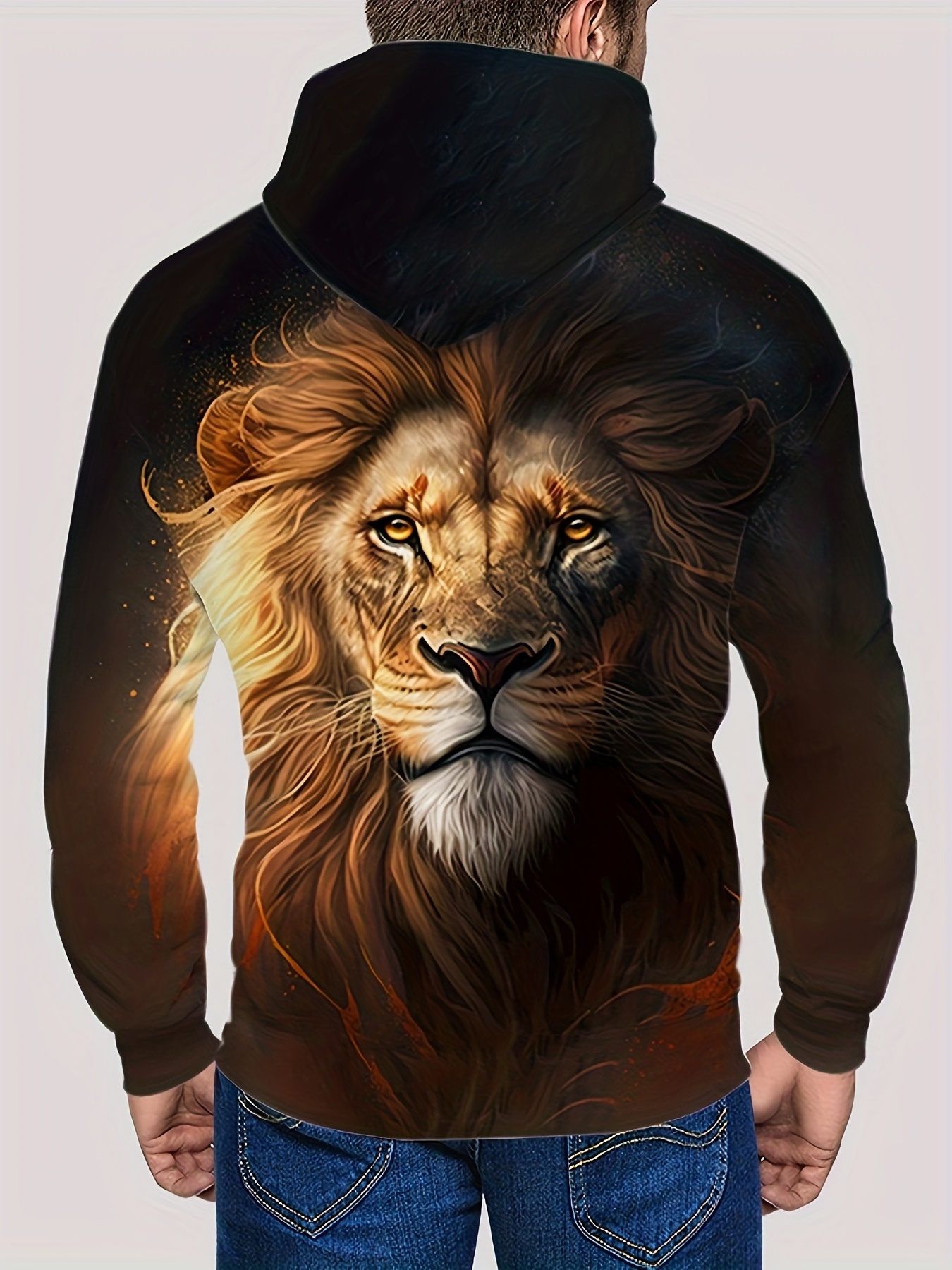 lion print hoodie cool hoodies for men mens casual graphic design pullover hooded sweatshirt with kangaroo pocket streetwear for winter fall as gifts details 6