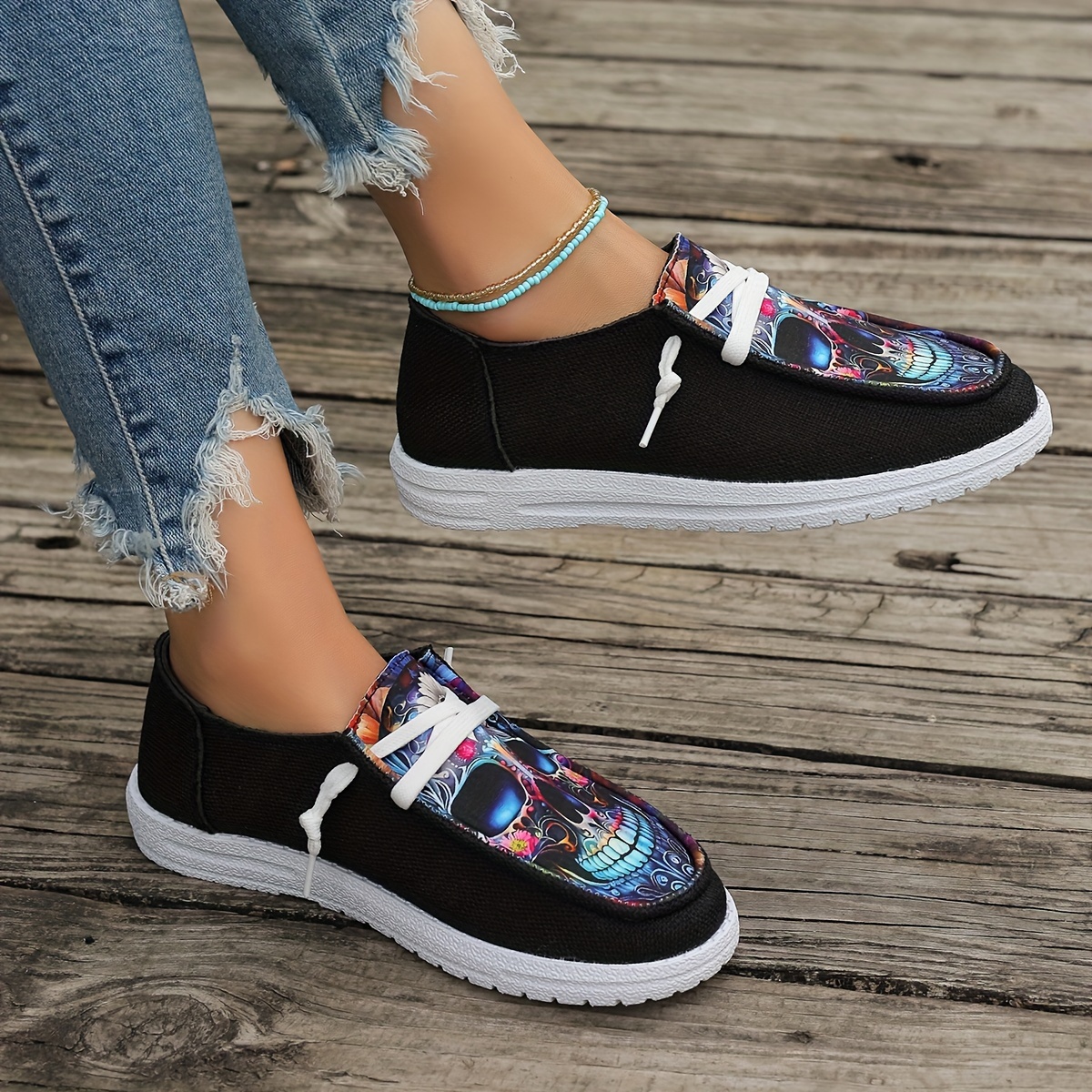 women s printed skull slip canvas shoes comfortable match details 1