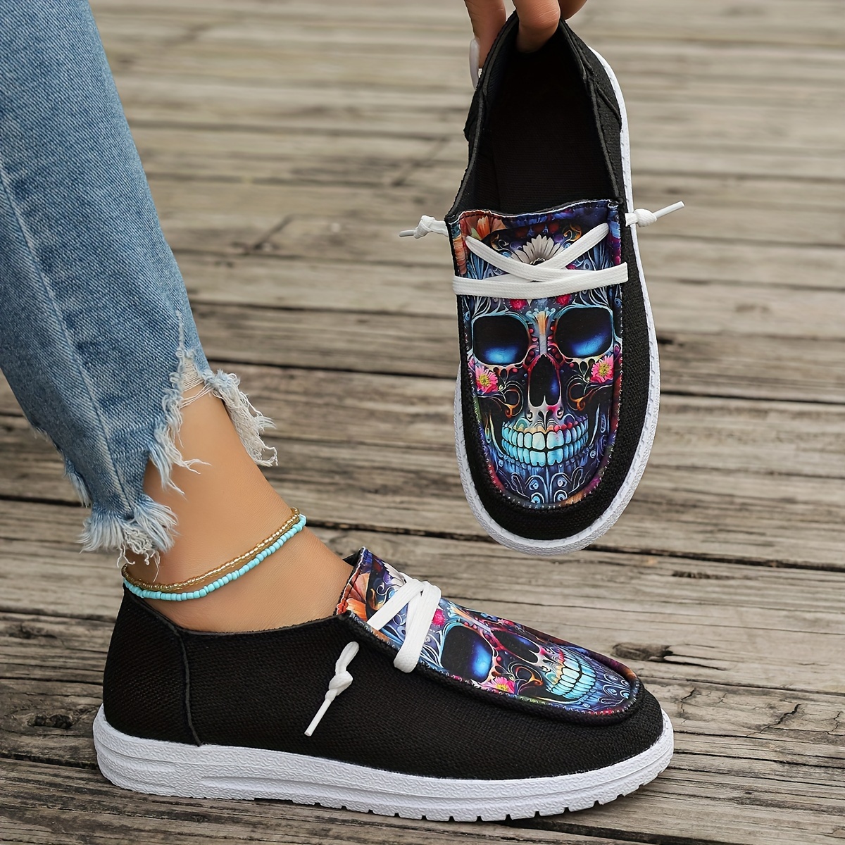 women s printed skull slip canvas shoes comfortable match details 6