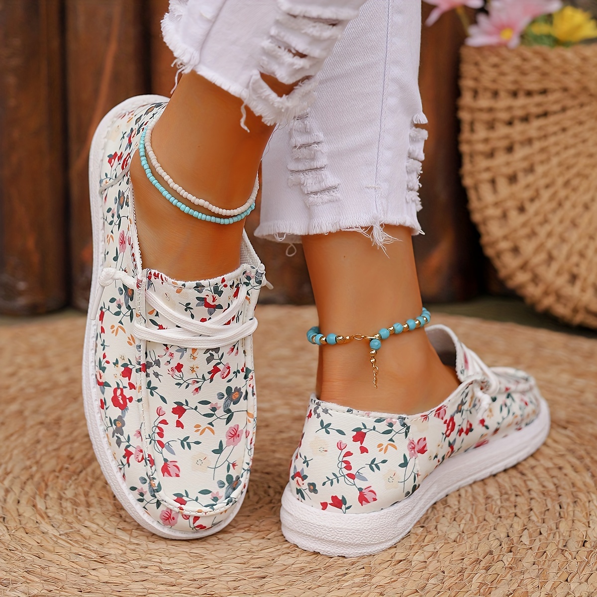 floral print canvas loafers women s slip lightweight flat details 2