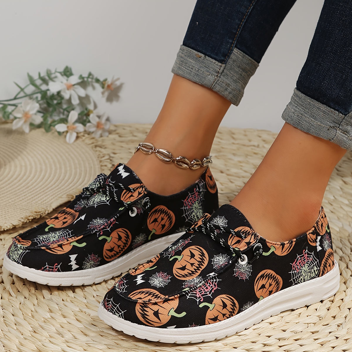 cobweb canvas shoes women s pumpkin casual halloween slip details 2